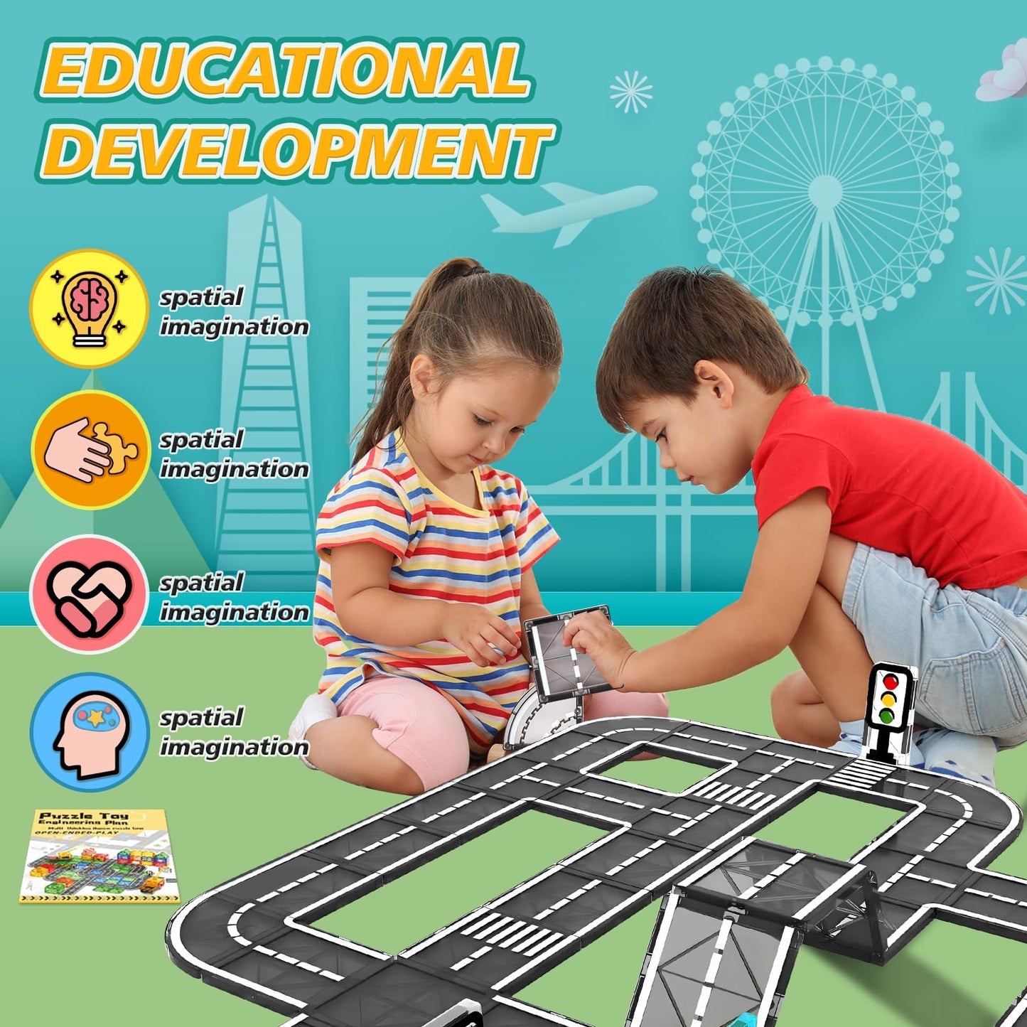 BuzzoXerex Magnetic Building Blocks Road Set, 70PCS Magnetic Tiles City Streets, Magnetic Blocks Road Extension Set Learning Activities Gift for 3 4 5 year olds