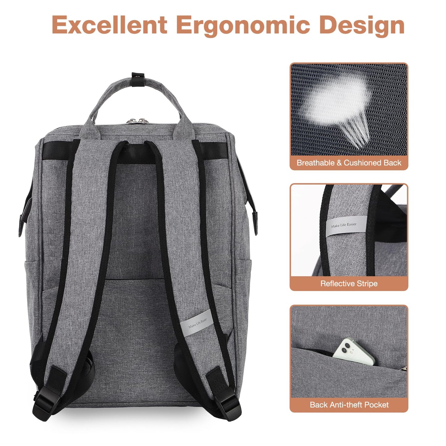 Lekesky backpack designed for women with laptop compartment & anti-theft pocket, fits up to 15.6 inch laptop. Perfect for work or school. (Grey)