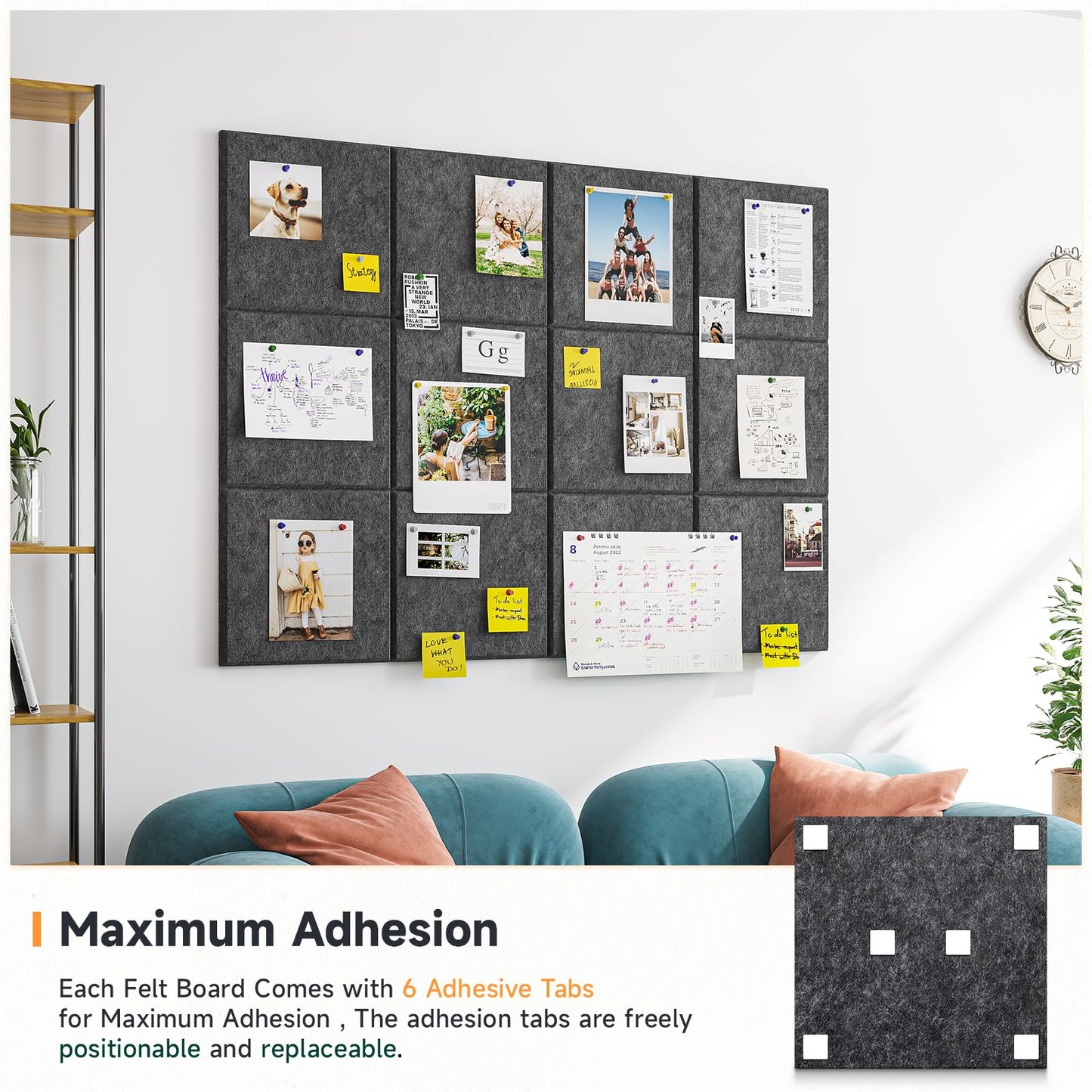 Uoisaiko Large Felt Pin Board for Office: Self-Adhesive Pinboards with 30 Push Pins - 12 Pieces 120x90cm Felt Memo Boards - Bulletin Board Wall Decor for Kitchen