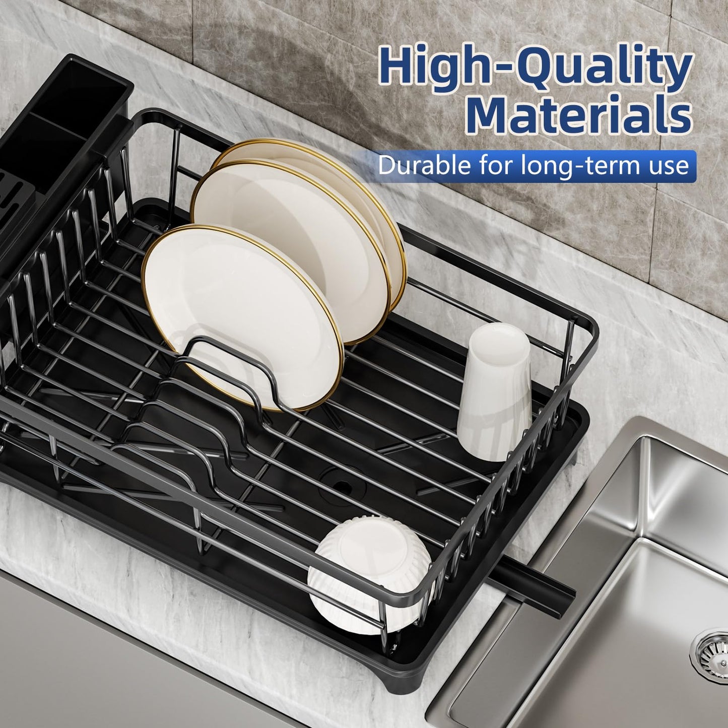 PurKeep Dish Drying Rack - space-saving dish rack for kitchen counter with utensil holder, kitchen dish stand with rotating spout, black.