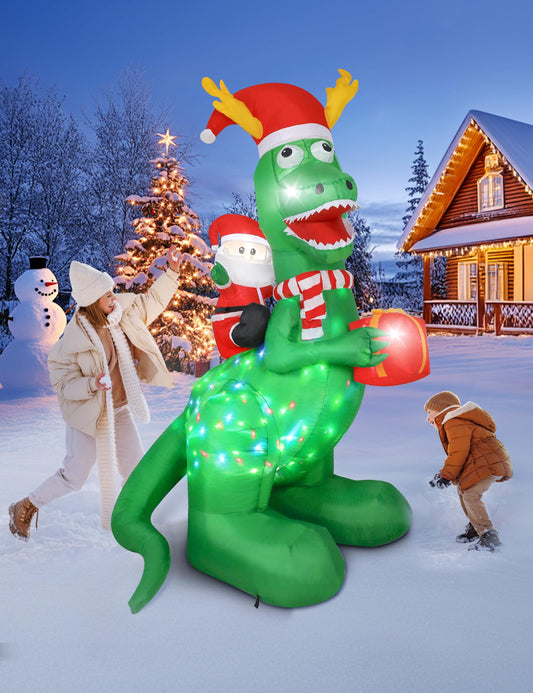 Vintoney 8ft/244cm Christmas Inflatable Dinosaur and Santa Claus Inflatable with Rotating LED Lights Yard Decoration Snowball Inflatables Indoor Outdoor Christmas Decorations
