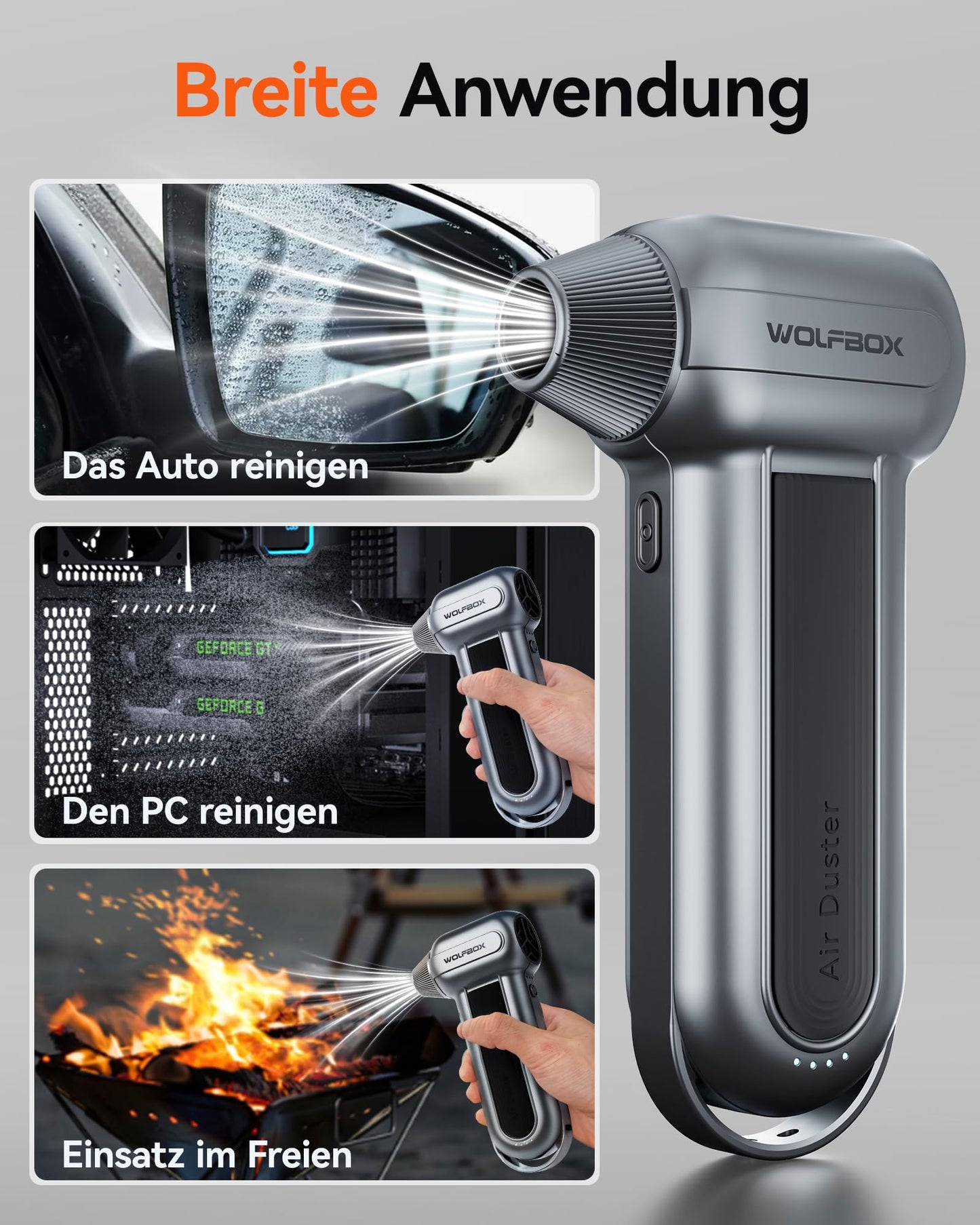 WOLFBOX MF100 Electric Air Duster - 150000RPM Super Power Cordless Air Duster, rechargeable air blower, 3-speed adjustable mini blower, dust blower for computer, keyboard, outdoor, home, and car.