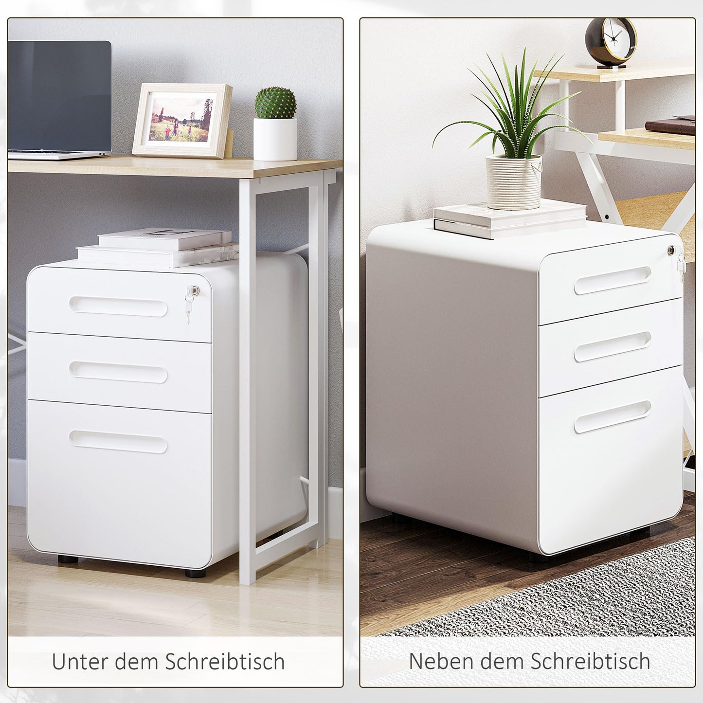 Vinsetto 3-drawer mobile file cabinet with lockable casters, includes hanging file organizer and pencil tray. Office under desk storage unit measures 39x48x59cm in white.