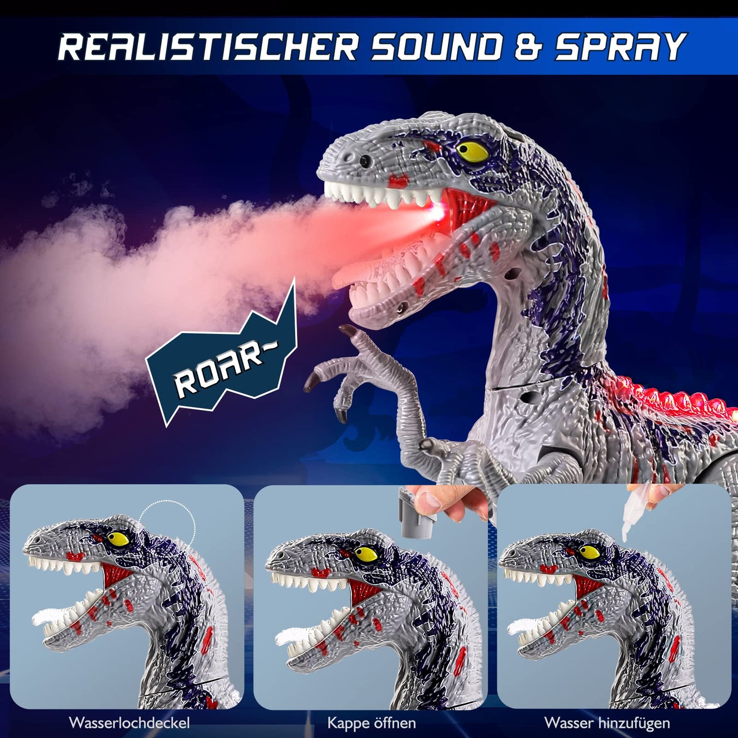BAZOVE Remote Control Dinosaur Toy, 2.4GHz Electronic RC Velociraptor Dino Toy with 360° Spin Stunt, Spray function, Roaring and LED Light, Gift for Boys Girls 3+ Years