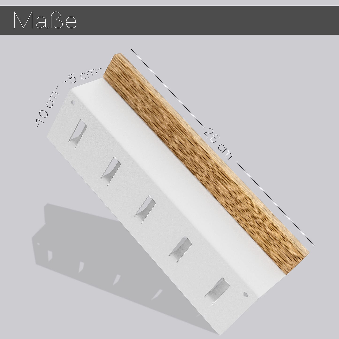 AE Günther® Key Rack Wood - White Steel Key Holder - Oak Key Board - Key Organizer with Tray - Keyring - Key Box - Wall Organizer - Key Rack (White)