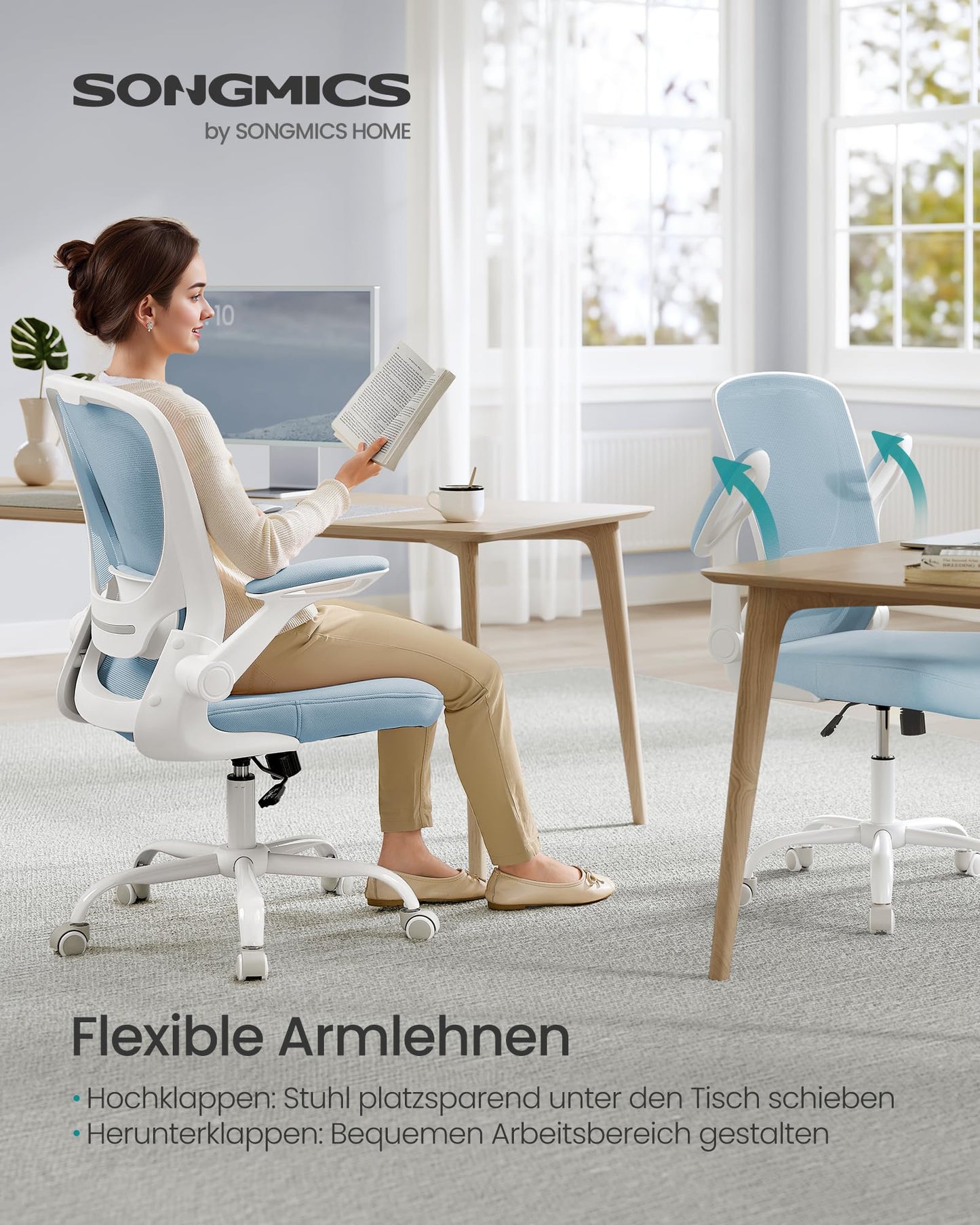 SONGMICS ergonomic office chair with mesh, lumbar support, rocking function, 53 cm wide seat, foldable armrests, for work and bedroom, students, misty blue OBN037Q01
