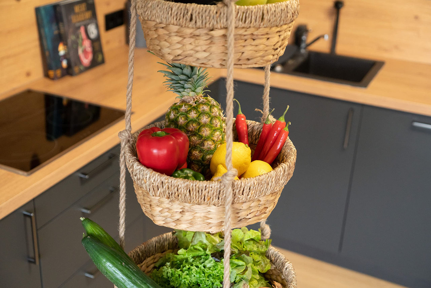 Decorasian Hanging Fruit Basket, Large 3-tiered stand made of water hyacinth - Fruit rack for storing fruits and vegetables - Hanging basket - 34cm