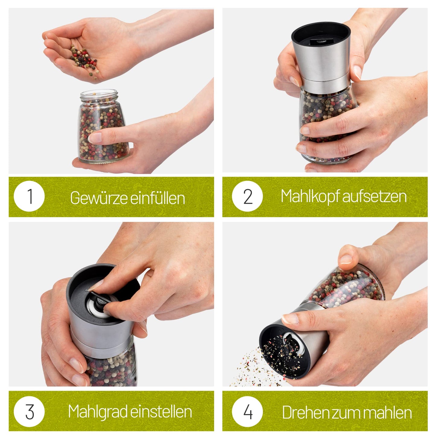 Zolmer® Salt and Pepper Mill with Bamboo Stand - Spice Mill Set of 2 made of Stainless Steel & Glass - Ceramic Grinder, adjustable, refillable & stylish for any kitchen.