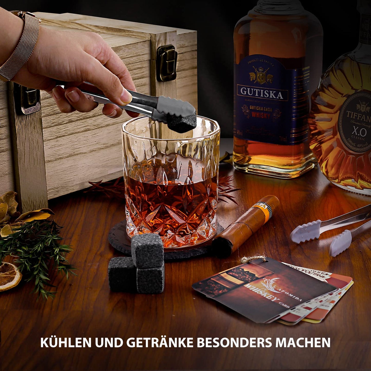 Whiskey glass and stone set gift for men husband dad special gift - 8 whiskey granite cooling stones - 2 glasses 10 oz - 2 coasters - tongs cocktail recipe wooden box Christmas/birthday.