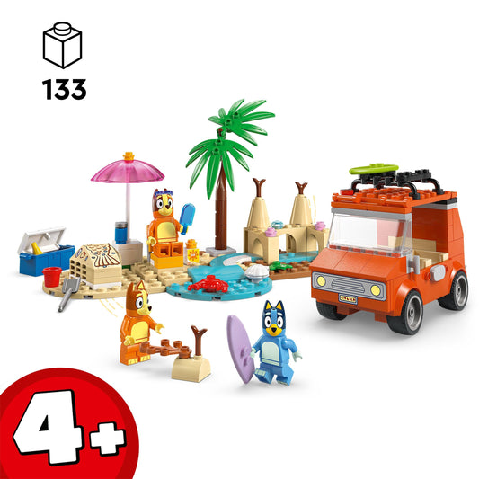 LEGO Bluey: Bluey's Beach & Family Car Trip Toy includes 3 minifigures (Bingo & Chilli), 2 surfboards, a sand castle, and fun accessories. Perfect birthday gift for 4+ year old girls & boys. - 11202