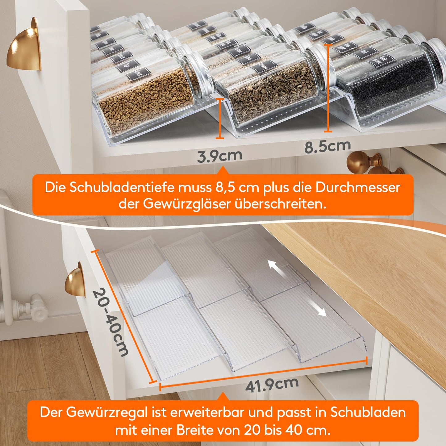 Lifewit Spice Organizer Drawer, 6-Piece Removable Spice Rack Drawer Width 20 to 40 cm, 3-Tier Plastic Spice Drawer Insert, Spice Rack for Countertop/Cabinet, Transparent