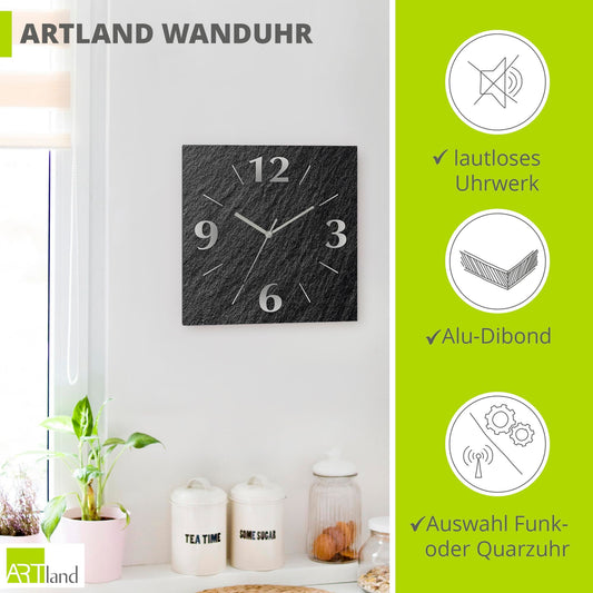ARTLAND wall decoration wall clock without ticking noises aluminum quartz clock 30x30 cm square silent analog quartz clock, 4 digits 30x30 cm slate look U1RE