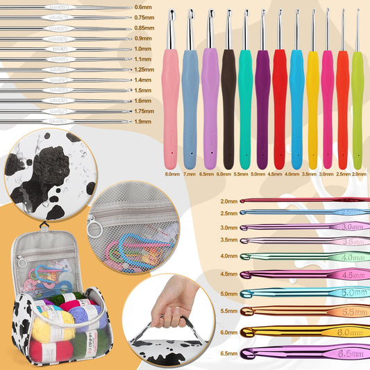 Aeeque beginner crochet set with acrylic yarn, crochet hooks set with accessories, bag, crochet needle for crocheting blankets hats sweaters, Lightweight crochet set Ergonomic 0.6mm - 8.0mm