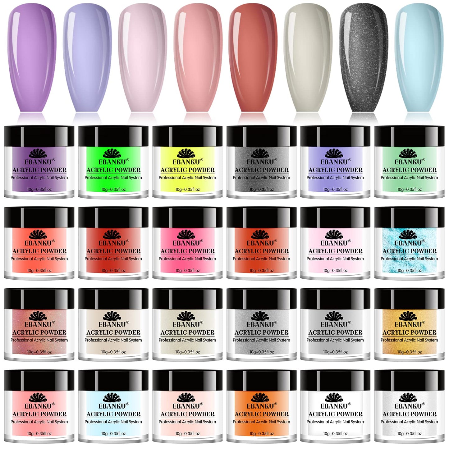 EBANKU acrylic powder set, 24 colors of professional acrylic nail powder for nail acrylic extension, nail carving, durable, no nail lamp required.