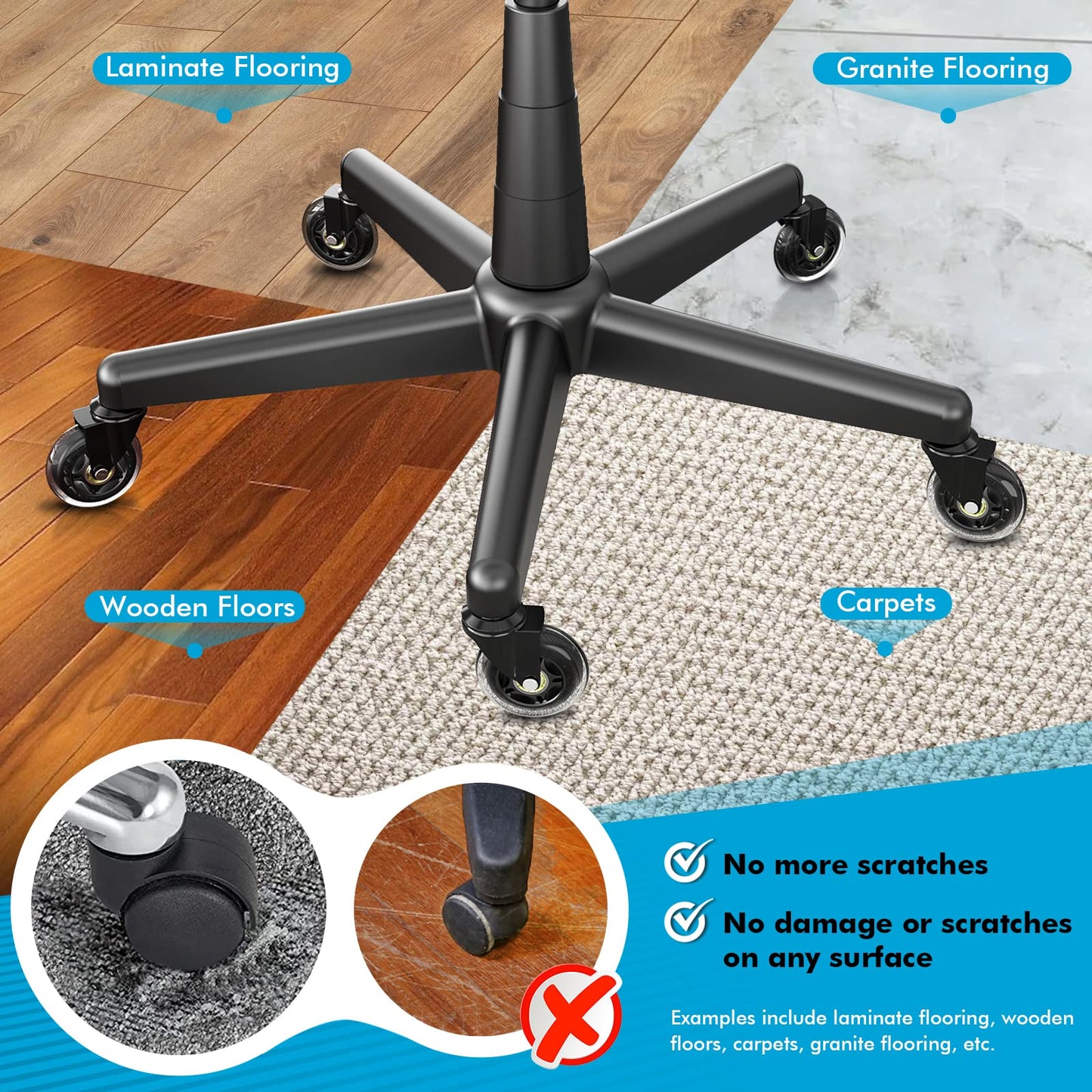 Office chair casters 5-piece set, casters for office chairs 11mm x 22mm, universal hard floor casters for office chair chair casters replace floor protection mat, scratch-free smooth silent glide rubber casters office chair.
