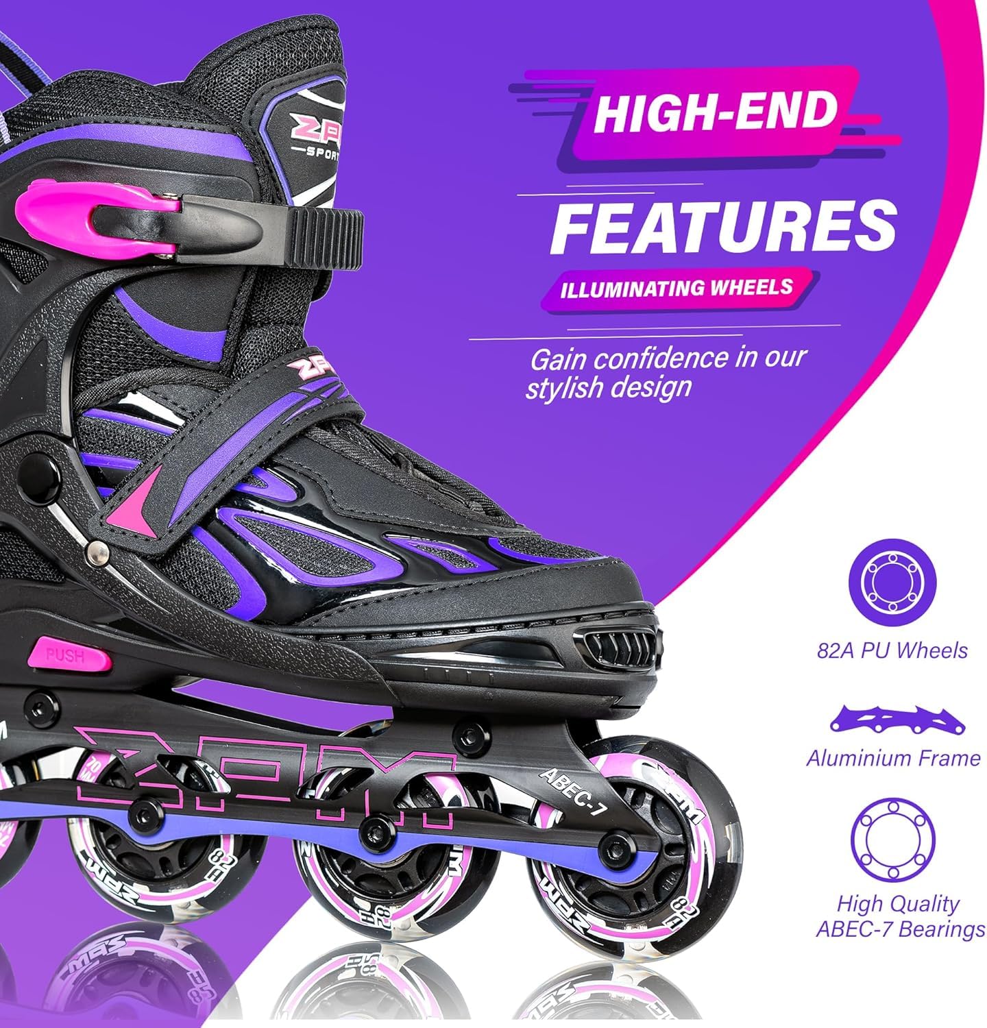 2PM SPORTS Adjustable Inline Skates for Kids Girls Boys, Inline Skates Rollerblades for Women Men Size 30-33 34-37 38-41 42-44 (Purple XL)