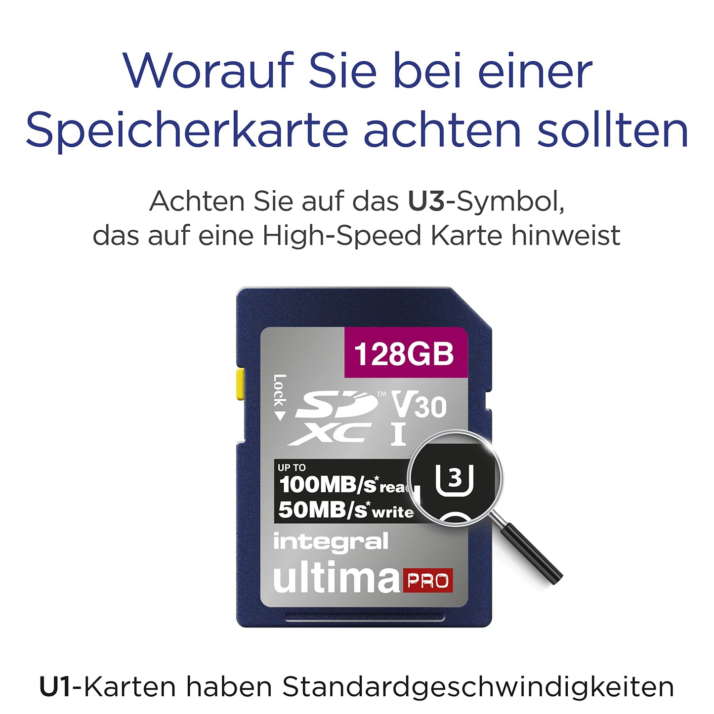 Integral 128GB SD card for 4K Ultra HD video. Premium high-speed memory card. SDXC with up to 100MB/s transfer speeds. SDXC V30 UHS-I U3 Class 10 SD memory card.