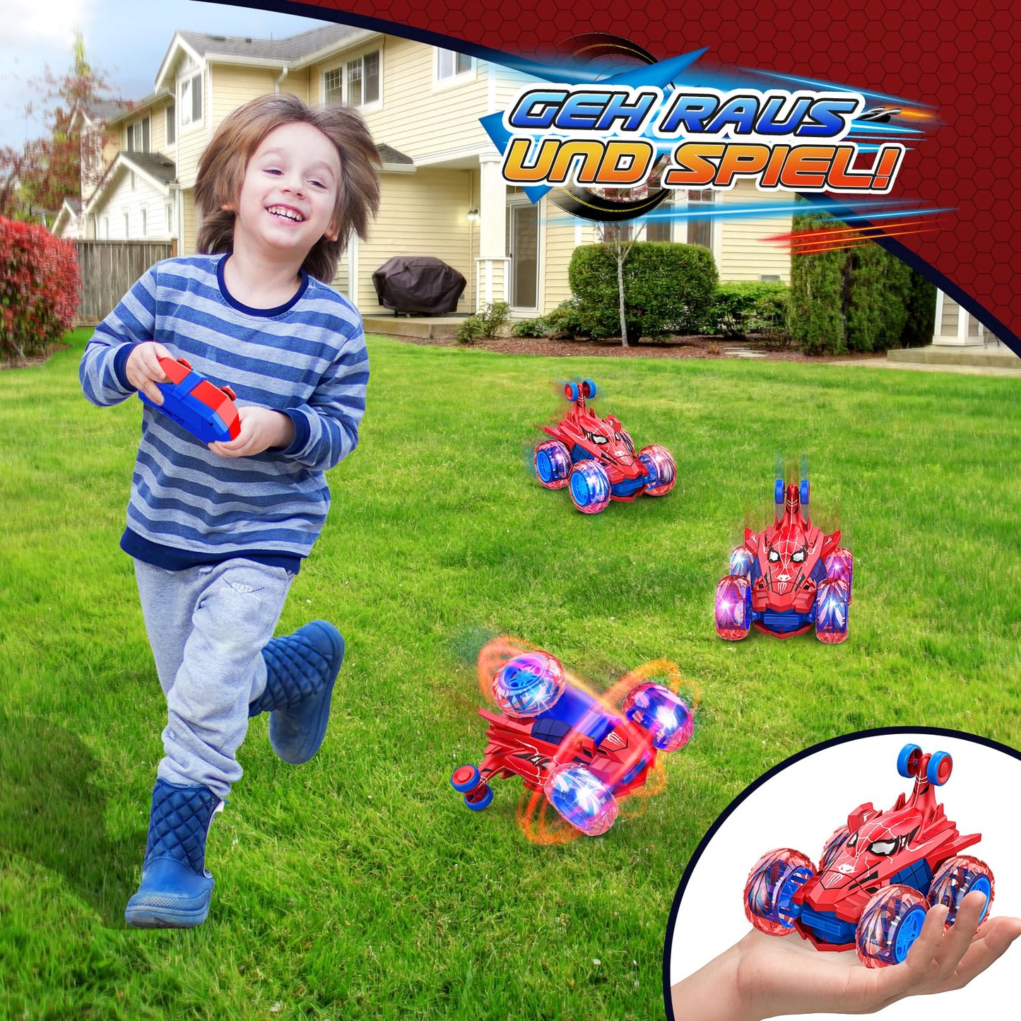Dreamlandia Remote Control Car for 3 4 5 6 7 8 years old - 2.4GHz RC Car with 360° Flip & LED Light, Toy for 3 years old and up, Rechargeable via Direct Charging, Offroad Monster Truck Gift for Boys Kids