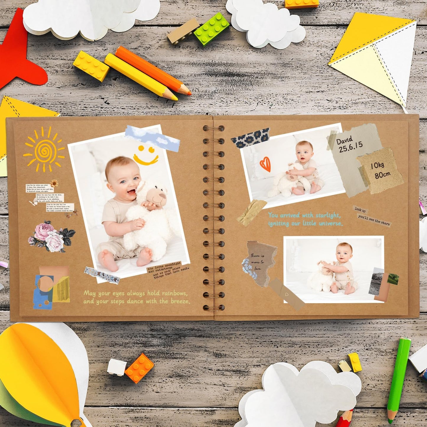 Vienrose 28.5 x 20.5 cm photo album for DIY customization and pasting with 100 pages, hardcover kraft paper spiral album scrapbook, DIY memory book for wedding, birthday, anniversary, khaki color.