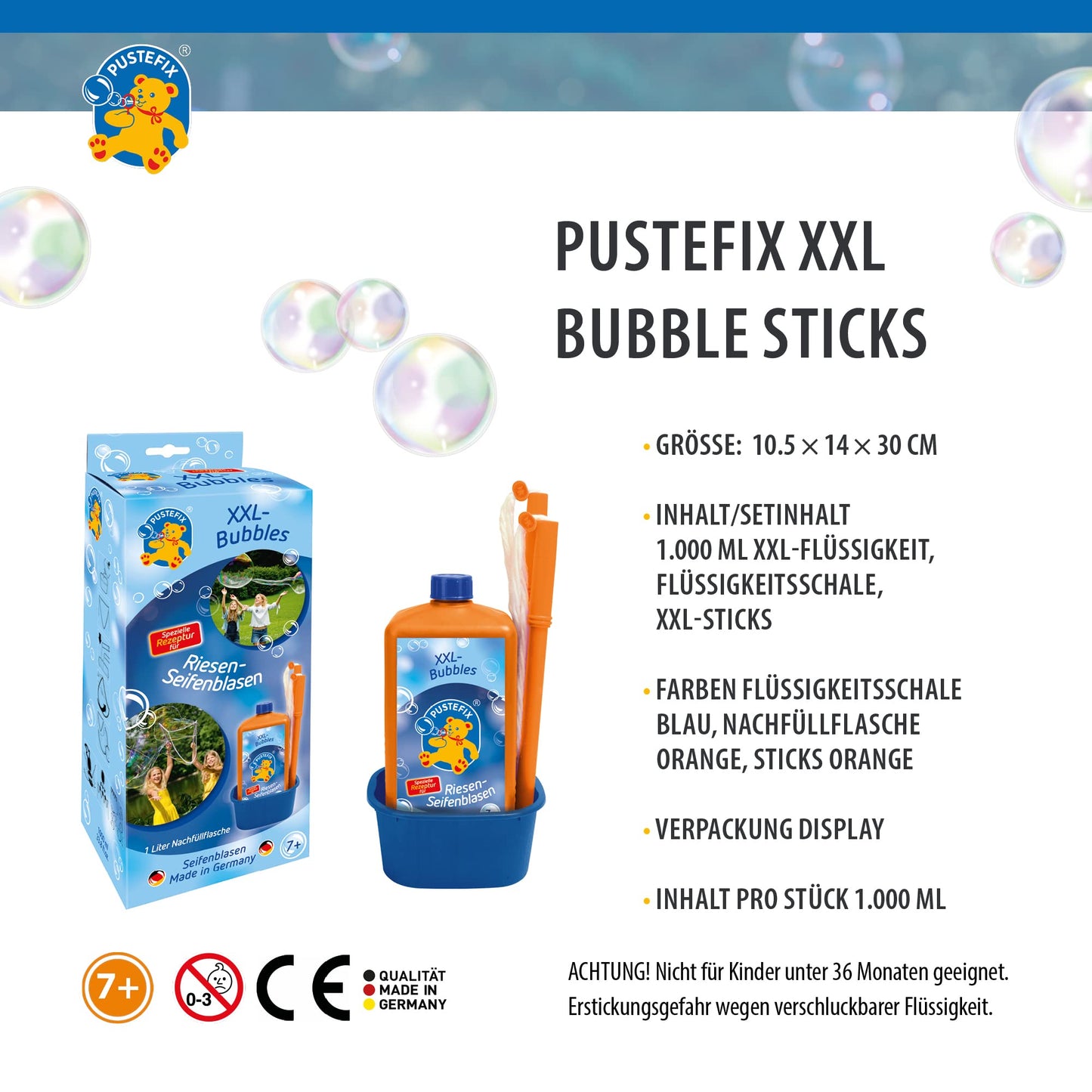 PUSTEFIX XXL-Bubbles + refill bottle Maxi 1 liter I Bubble solution and accessories I Colorful bubbles Made in Germany I For weddings, children's birthdays, civil ceremonies, bachelor parties I Giant bubbles
