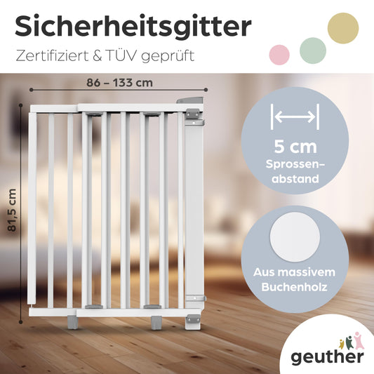 Geuther Door Safety Gate Oris | Staircase Safety Gate for screwing on, Width 86-133 cm | Sturdy Baby Gate & Door Gate with Swinging Door, Certified & Safety Tested | Wooden Child Gate, White