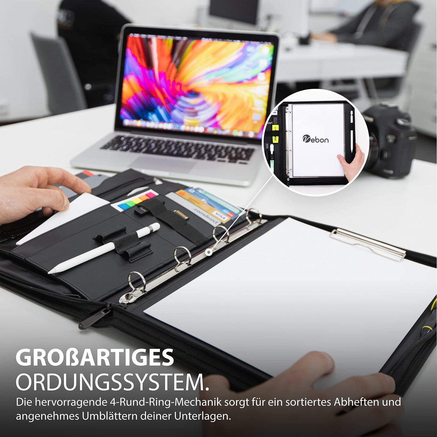 Vebon® A4 Ringbinder Portfolio "Berlin" with zipper and clipboard. Conference folder + laptop case with extra storage. Pink faux leather.