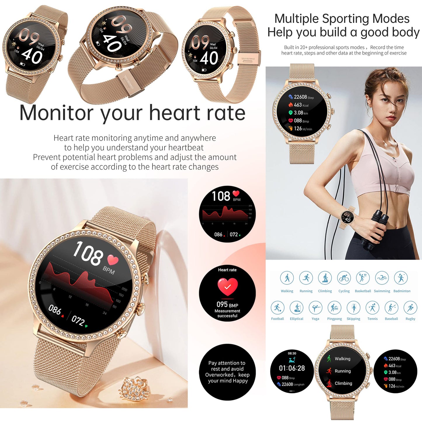 Ladies smartwatch with phone function, 1.32 Fitness Watch Diamond Ladies, Fitness Tracker Watch with menstrual cycle, heart rate, SpO2, sleep monitor, pedometer, wristwatch for Android iOS (Gold)