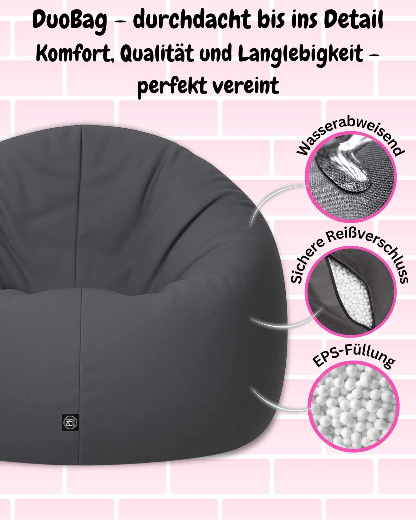 PATCH HOME 2 in 1 bean bag chair floor cushion for adults & kids - gaming with filled cushion seat beanbag (anthracite, Ø 155cm)