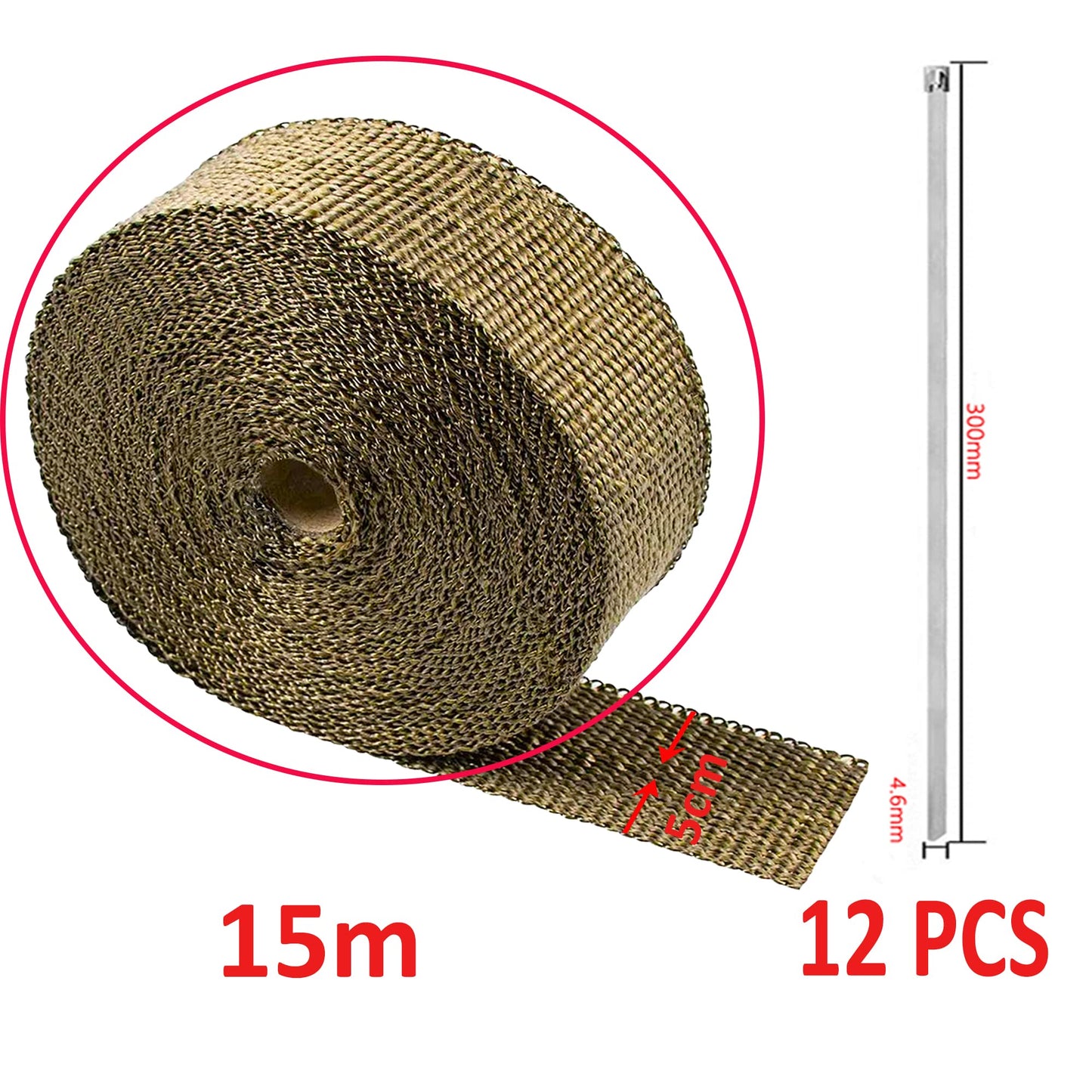 Arespark heat shield tape 15M, exhaust heat shield tape made of basalt fiber, golden exhaust tape with 12 stainless steel cable ties, for motorcycle and car exhaust headers.