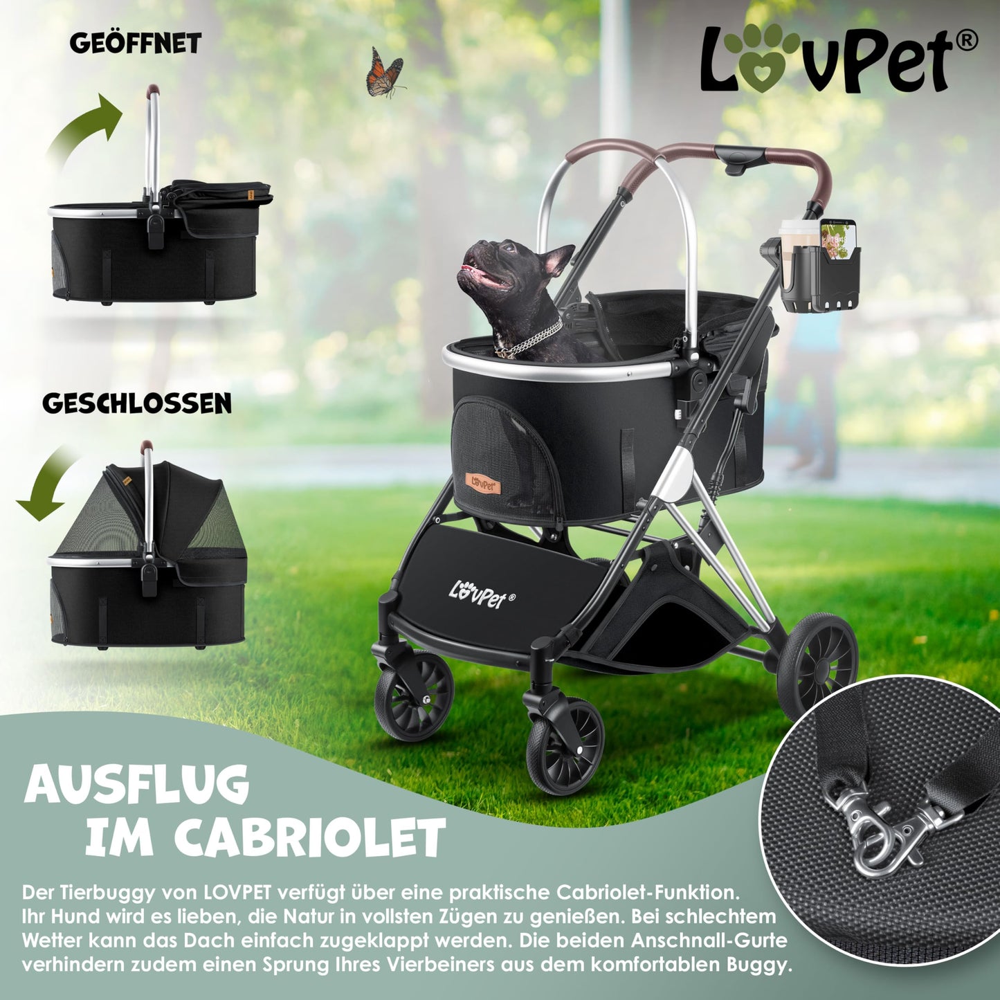 LOVPET® Dog Stroller 3in1 for dogs up to 20kg, dog crate, transport bag, foldable, collapsible, large wheels, mesh windows, rain cover, cup holder, cuddle blanket, cat stroller, jogger buggy for pets.
