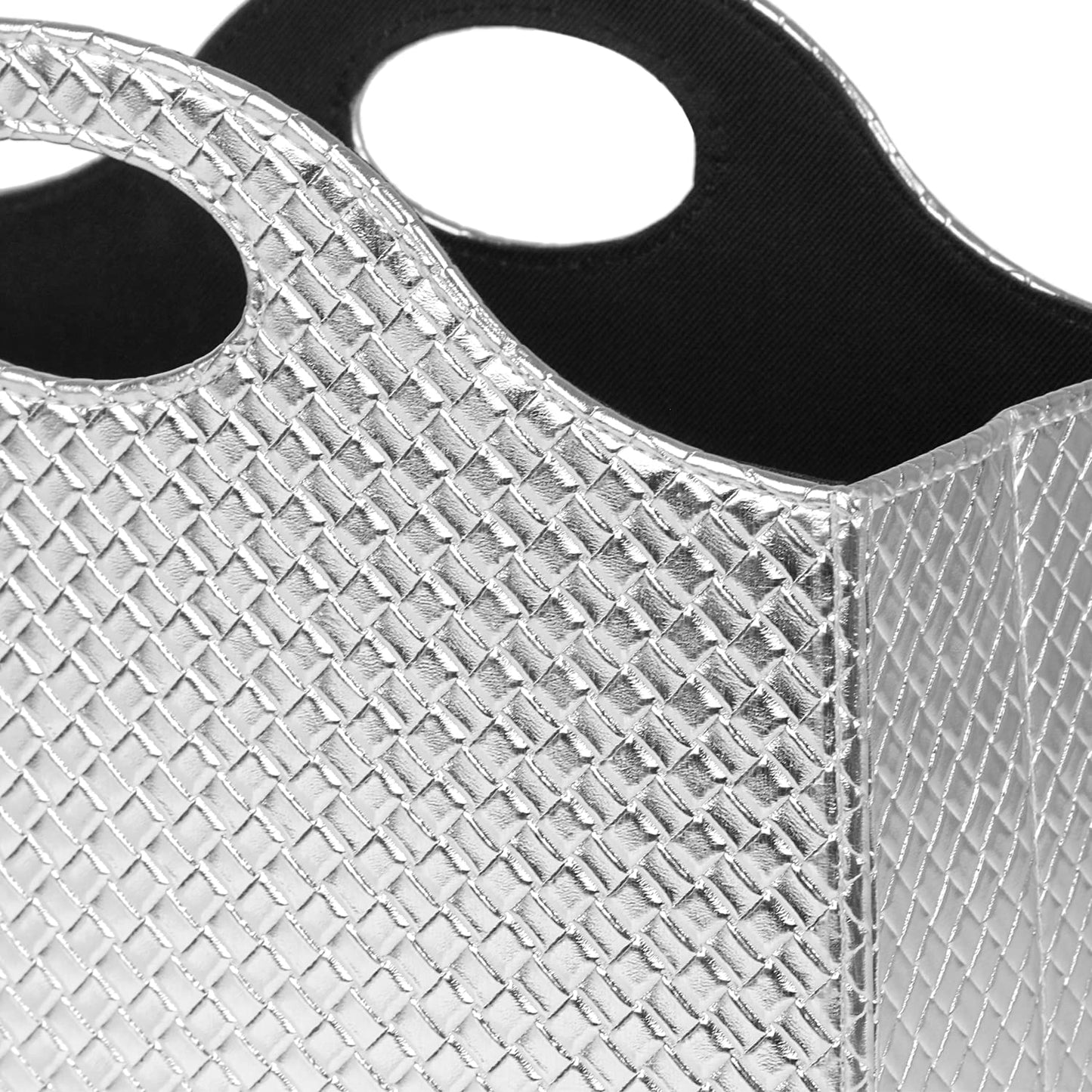 HofferRuffer magazine holder with handle, foldable PU leather magazine stand, document holder, magazine basket, newspaper storage for office, coffee table, living room, reception (Silver)