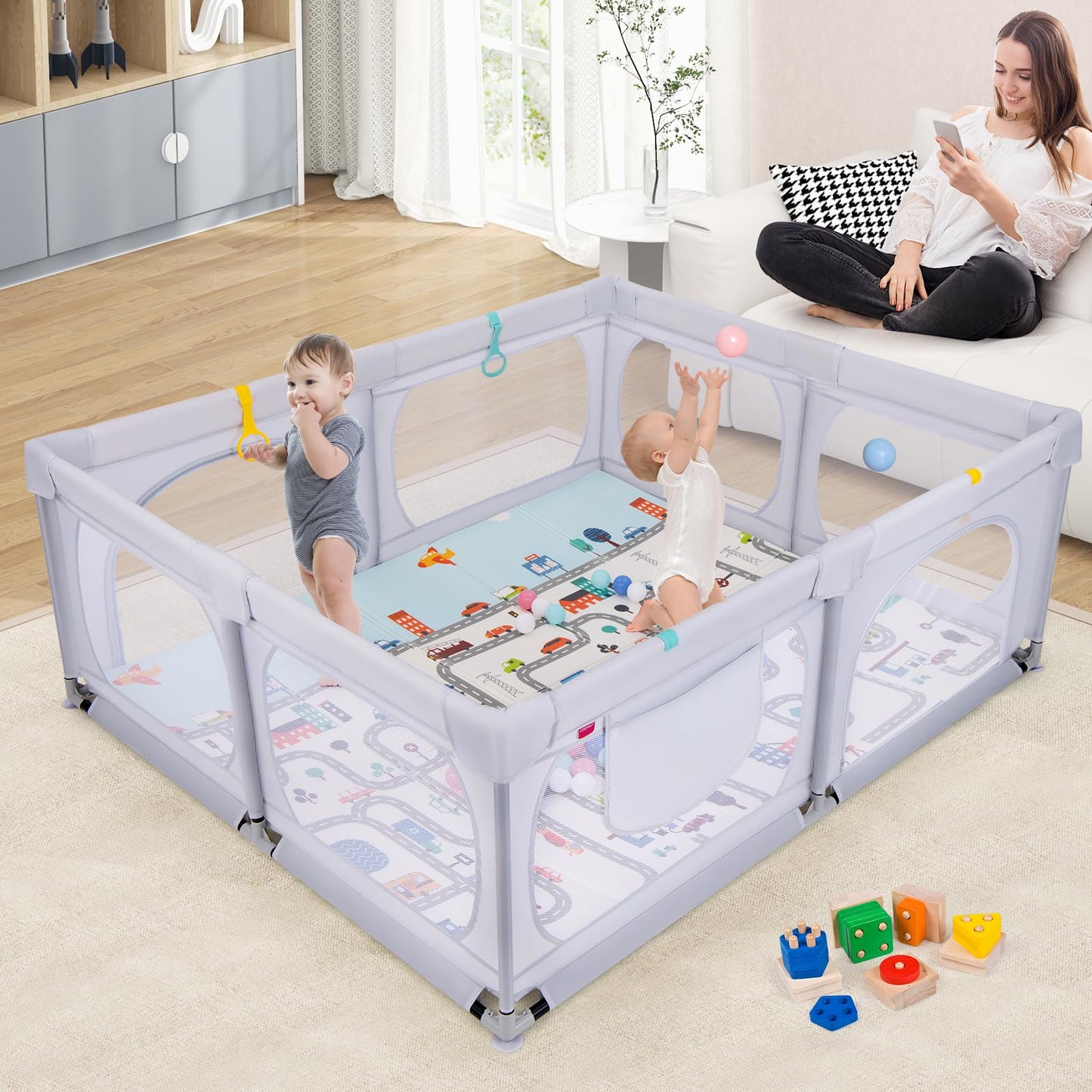 DREAMADE Playpen for Baby, 189 x 158 cm Playard with Mattress & 4 Pull Rings & 50 Ocean Balls & Carrying Bag, Large Safety Gate for Babies & Toddlers 0-3 Years (with Mattress, Light Gray)