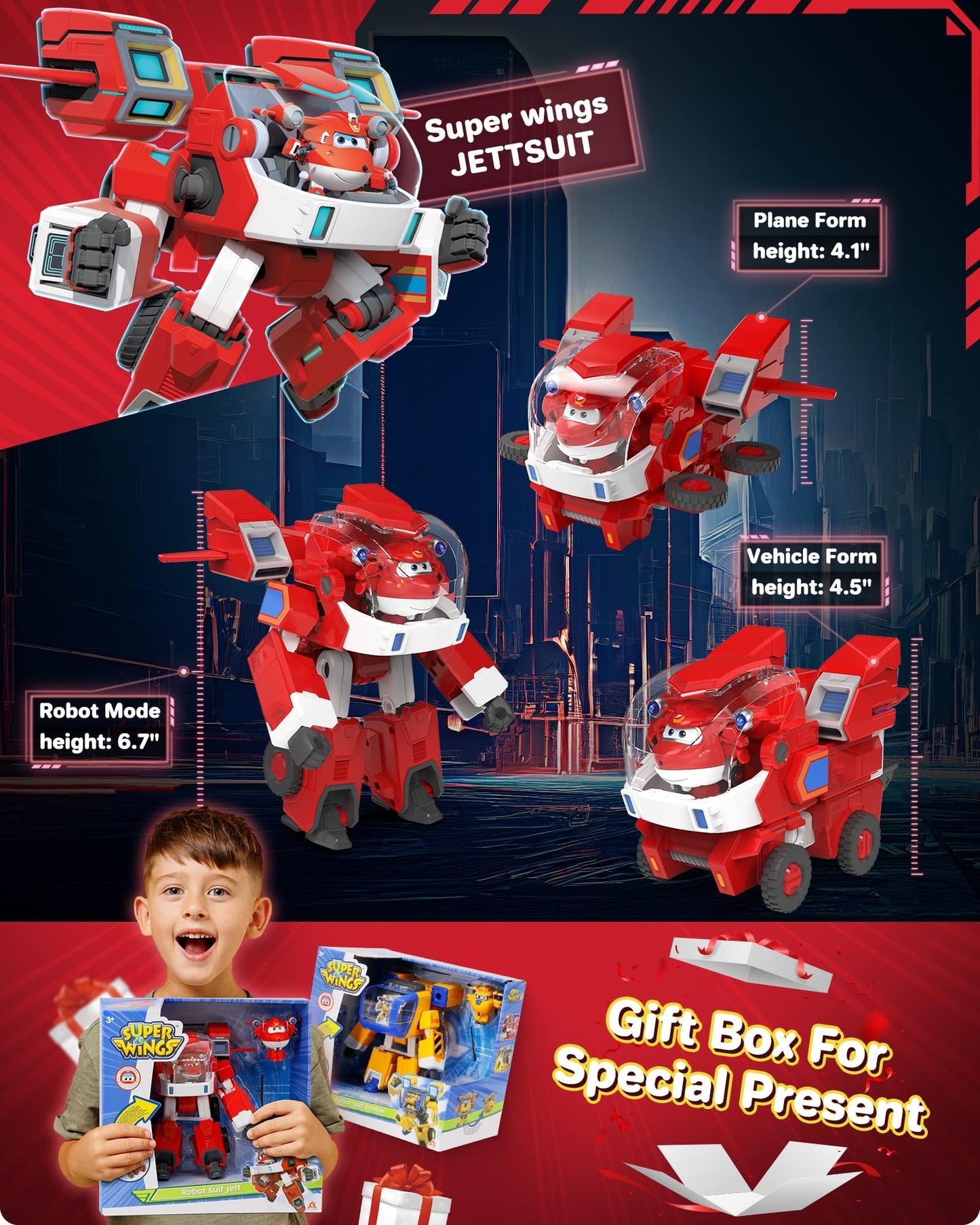 Super Wings EU750321 Robot Suit with Mini Jett Transforming Figure Plane Vehicle Playset Toys for 3+ Years Old Boys Girls, Red, 7'
