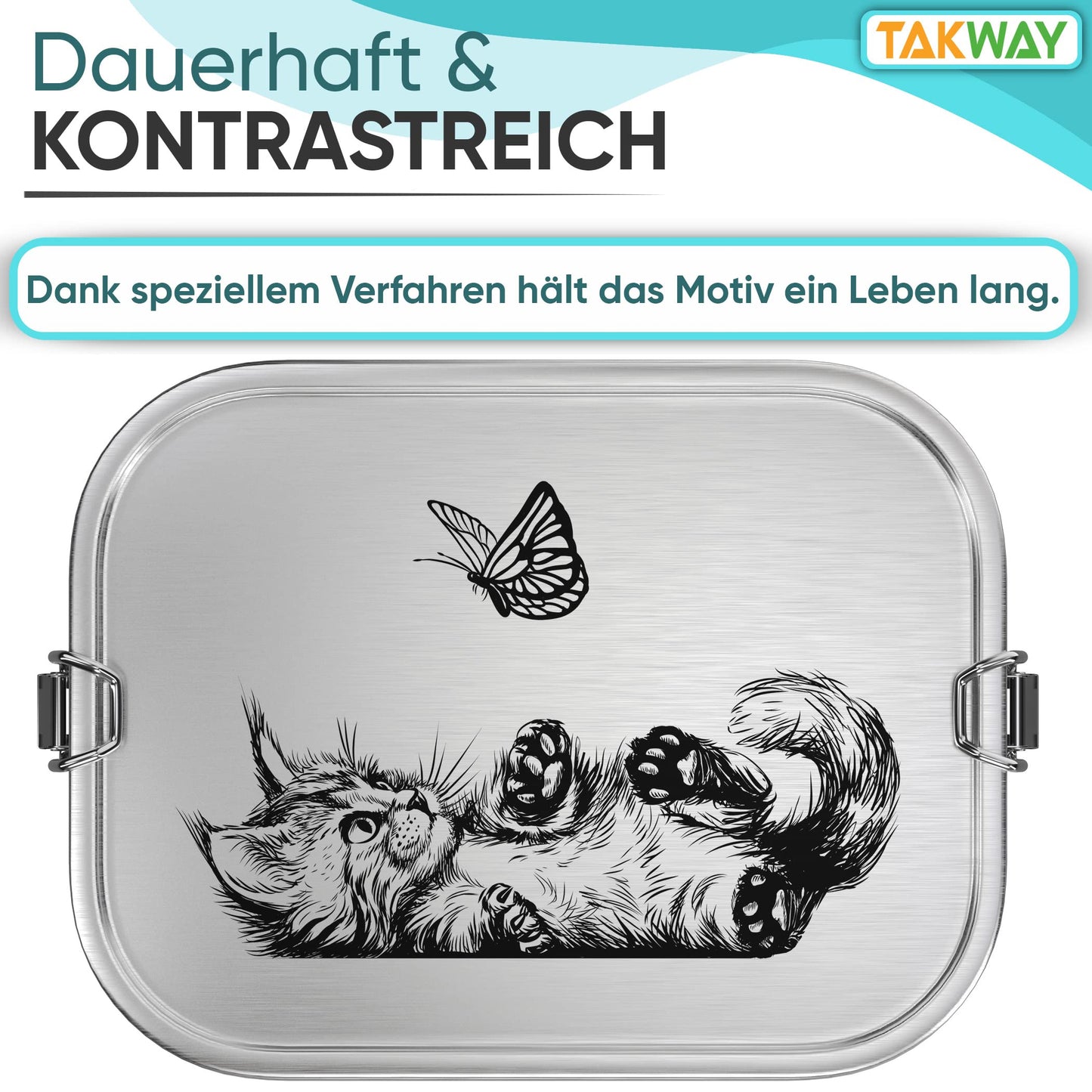 TAKWAY Stainless Steel Lunch Box for Kids with Compartments 800ml | Leakproof | Bento Box with Adjustable Dividers | Snack Box for Nursery School (Cat, Divider)