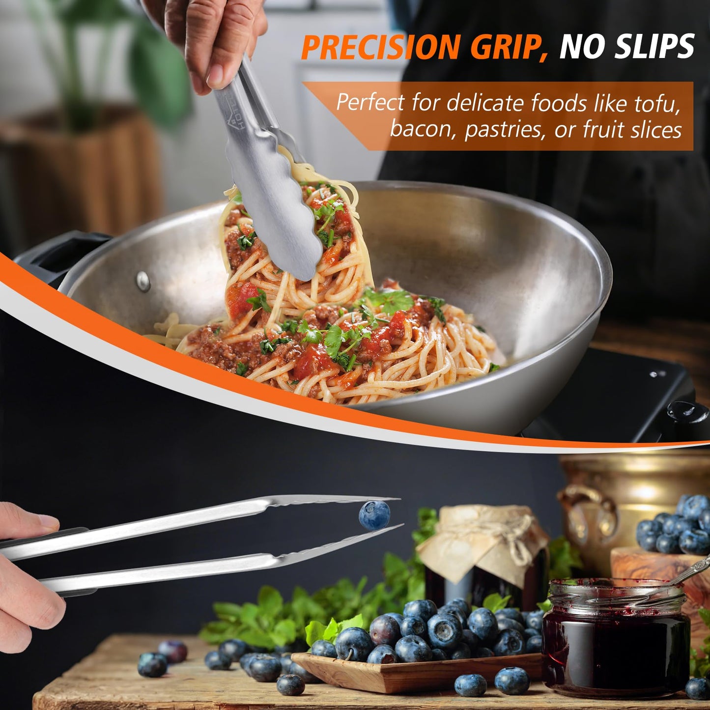 HOTEC Stainless Steel Kitchen Tongs, 2-9 inches, Metal Locking for Food, Cooking Tongs, Non-Slip Grip (Black)