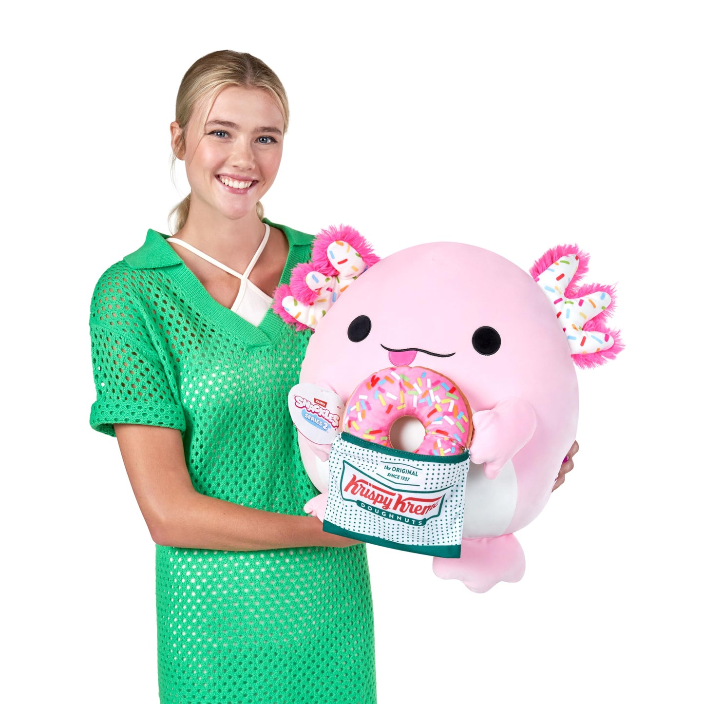 Snackles, Series 2, Axolotl (Krispy Kreme), cuddly-soft, soothing, 40 cm tall plush toy with licensed snack brand accessory (Axolotl)