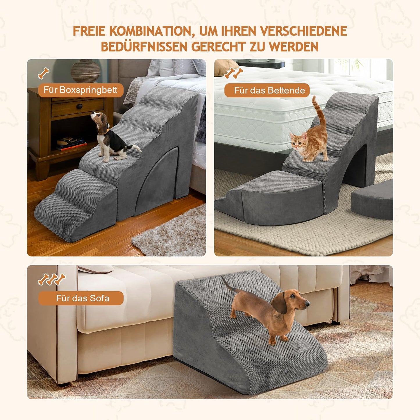LitaiL Dog Stairs 74cm Tall for Boxspring Bed, Adjustable to Fit Each Side of Bed End, Multi-purpose Dog Ramp for Bed | Couch | Sofa, Non-slip Pet Stairs made of Foam for Dogs, Cats (Gray)