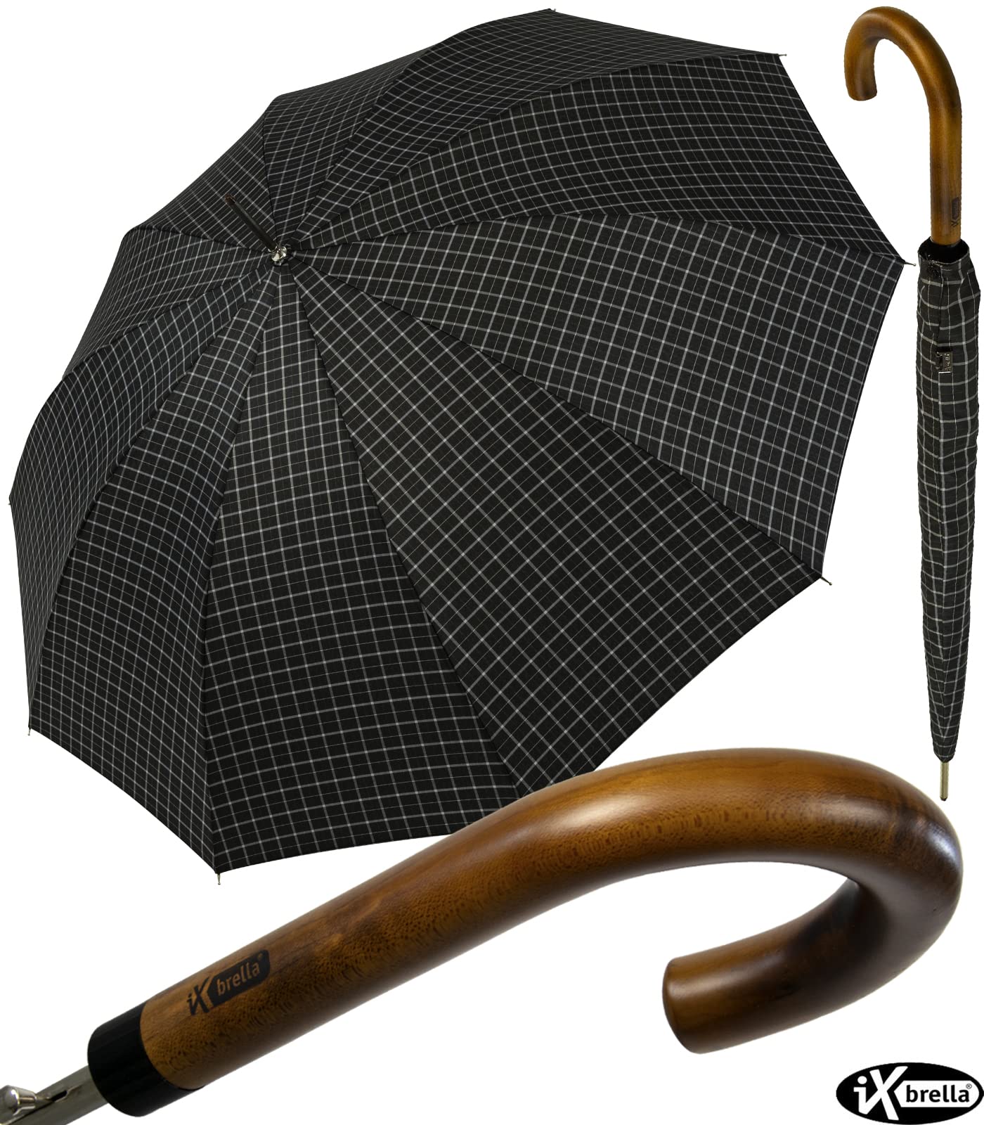 iX-brella Men's automatic umbrella with real wood round handle - black checkered