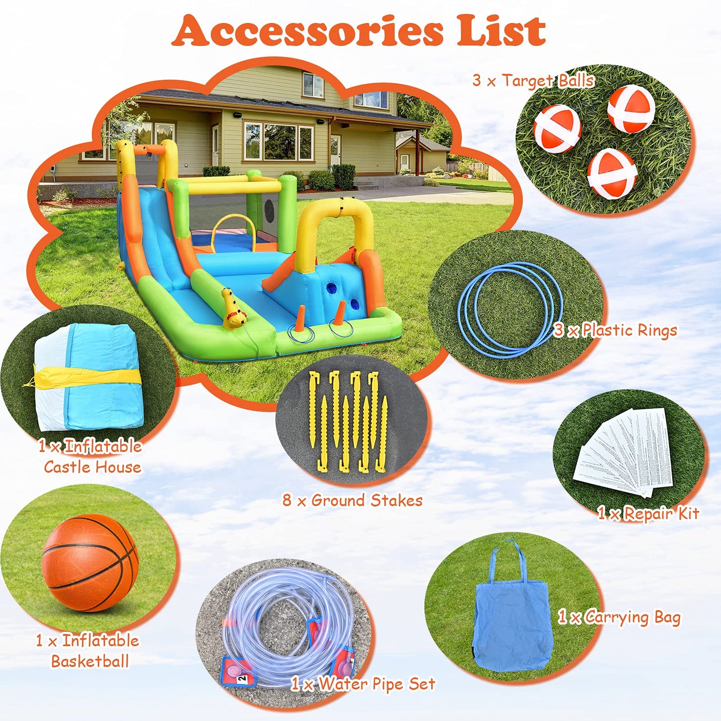 GOPLUS Inflatable Bounce House, Water Slide with 2 Splash Pools, 2 Slides, Climbing Wall, Water Cannon, Basketball Hoop, Toss Game & Target Balls, for 3-10 years, 503 × 290 × 216 cm (Without Blower)