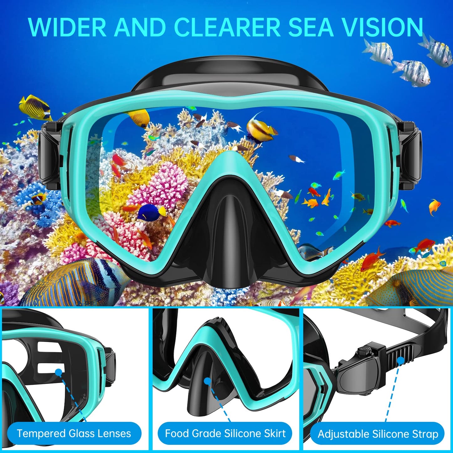 JEMULICE Adult Snorkel Set, with diving mask and dry snorkel for men and women, anti-leak & anti-fog tempered glass mask for diving, snorkeling, and swimming.