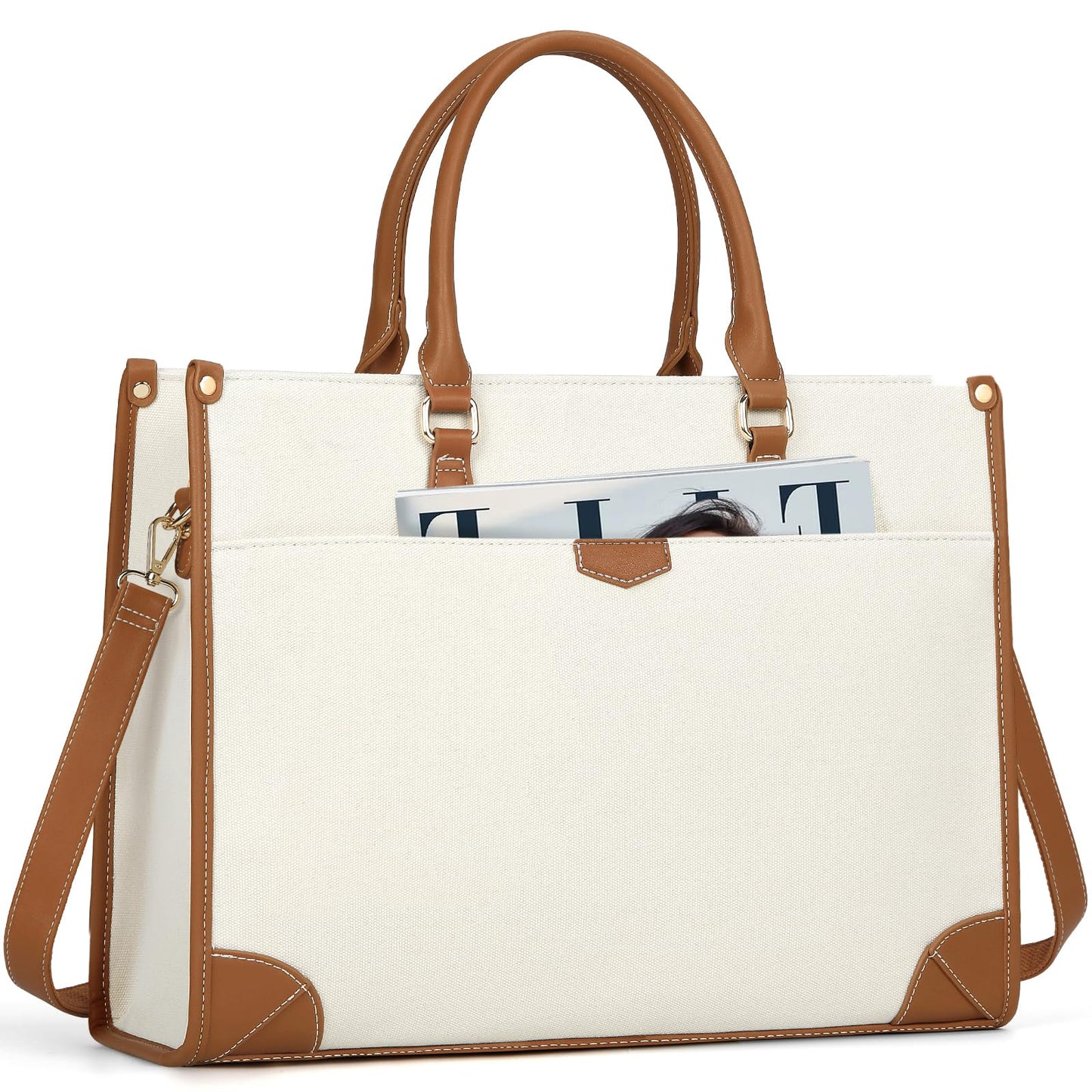 IGOLUMON handbag women canvas laptop bag 15.6 inch shopper women large laptop tote bag women work bag notebook bag office bag for office school travel, brown