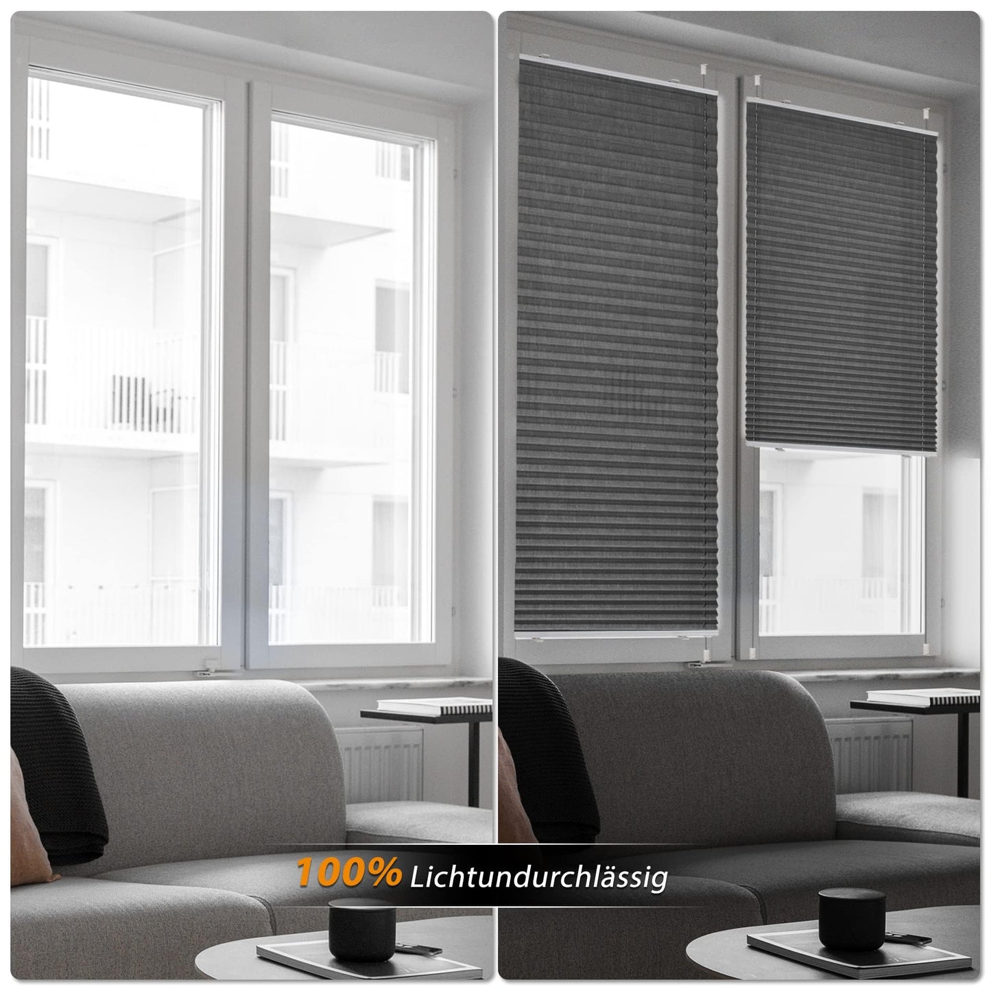HOMEDEMO Pleated blind without drilling, blackout, thermal pleated blind with clamp fixing, gray 40x110cm (WxH). Blackout pleated blind 100% lightproof for windows, opaque privacy sun protection.
