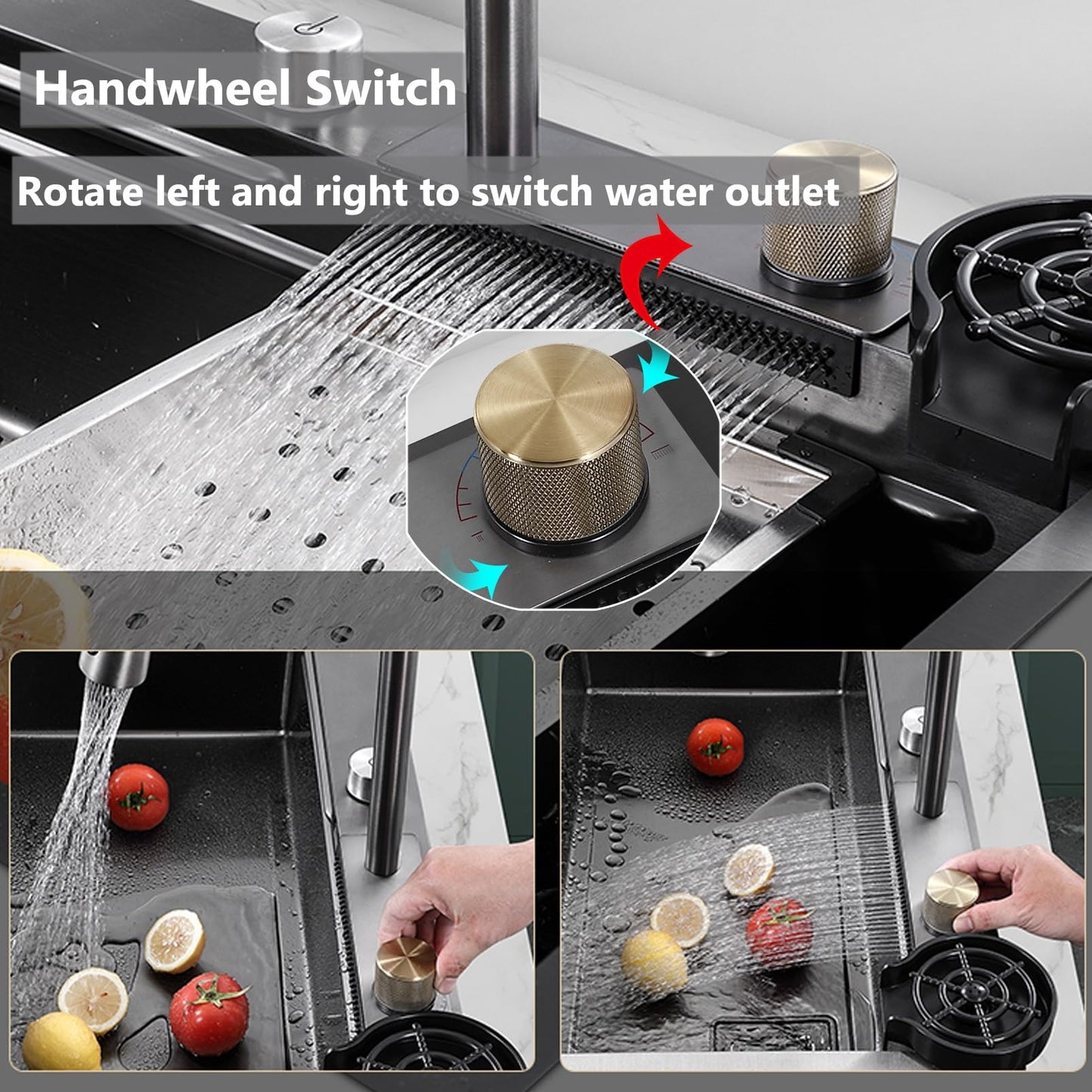 Kitchen sink Stainless steel Sink Black Waterfall Kitchen Sink With Cup Washer, Built-in sink Kitchen sink Glass washer For sink, Integrated sink With faucet Waterfall)