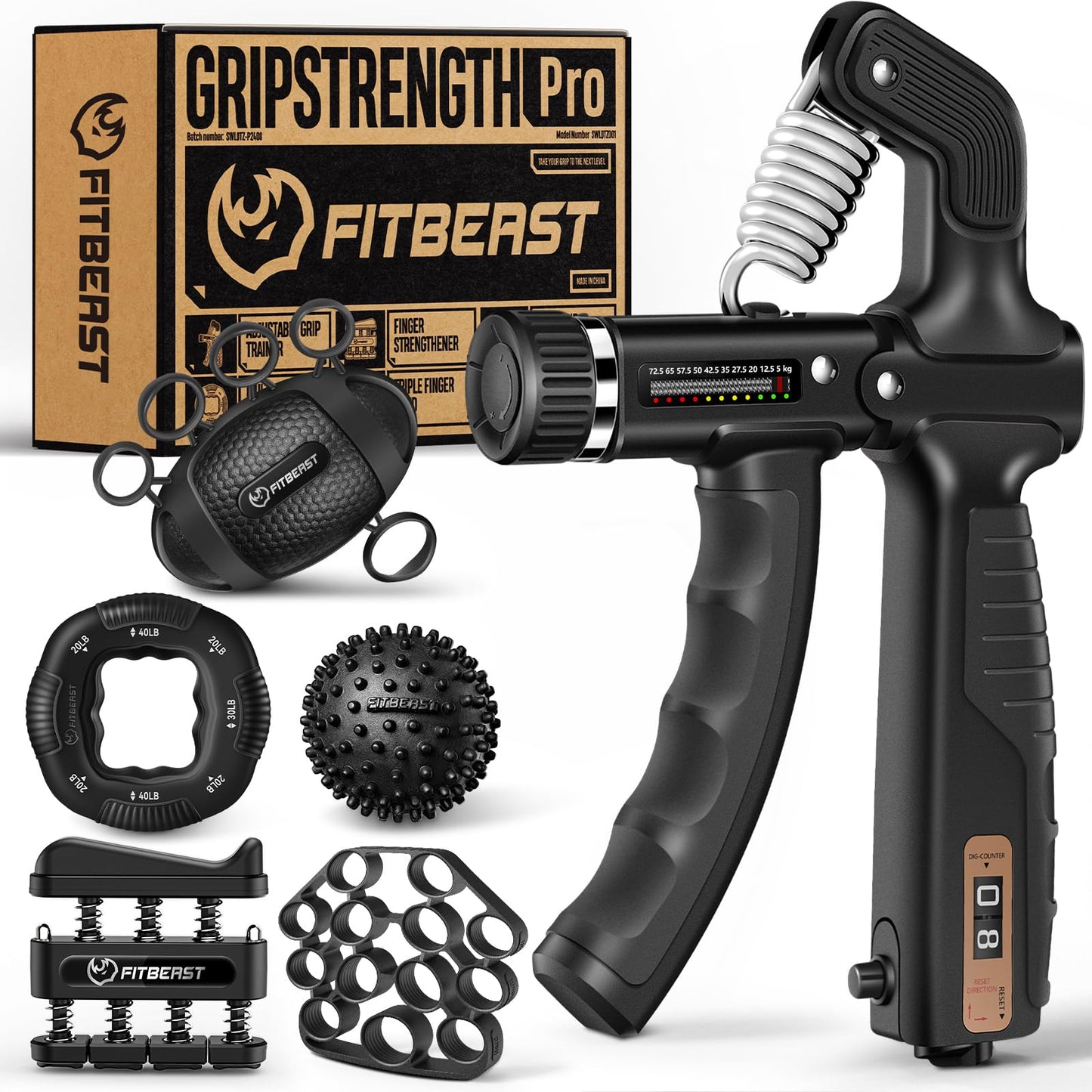 FitBeast Hand Exerciser, Forearm Trainer Set - 6 pieces with adjustable resistance, Grip Strength Trainer, Finger Strengthener, and Massage Balls for Hand Therapy, Grip Training, and Recovery.