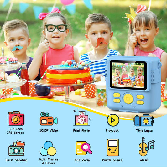 GREENKIDS Kids Camera Instant Camera, 1080P 2.4 Inch Screen Instant Camera for Kids with Printing Paper & 32GB Card, Digital Camera for Kids with Colored Pens Gift for Boy 3-12 Years