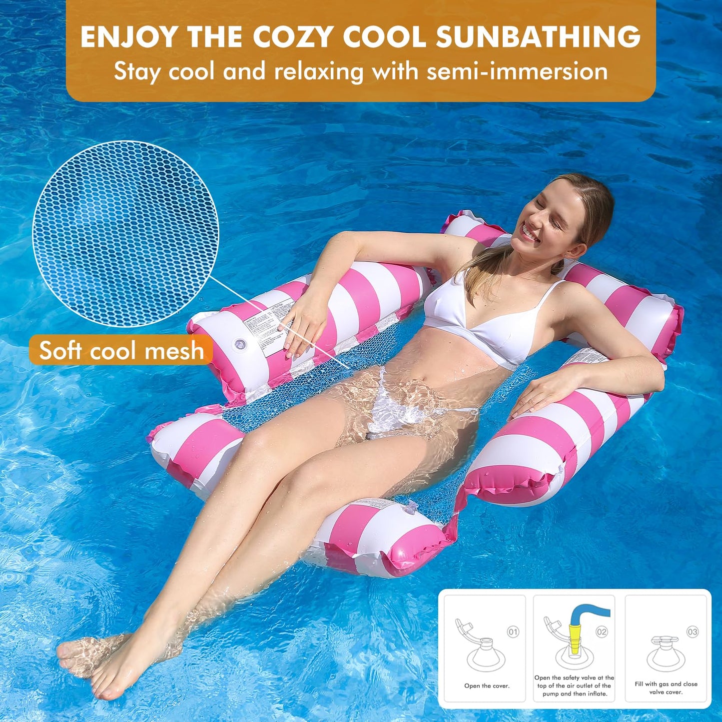 Inflatable pool float chair lounge for adults and kids, swimming, striped float hammock for pool party summer water fun (Pink+Yellow)