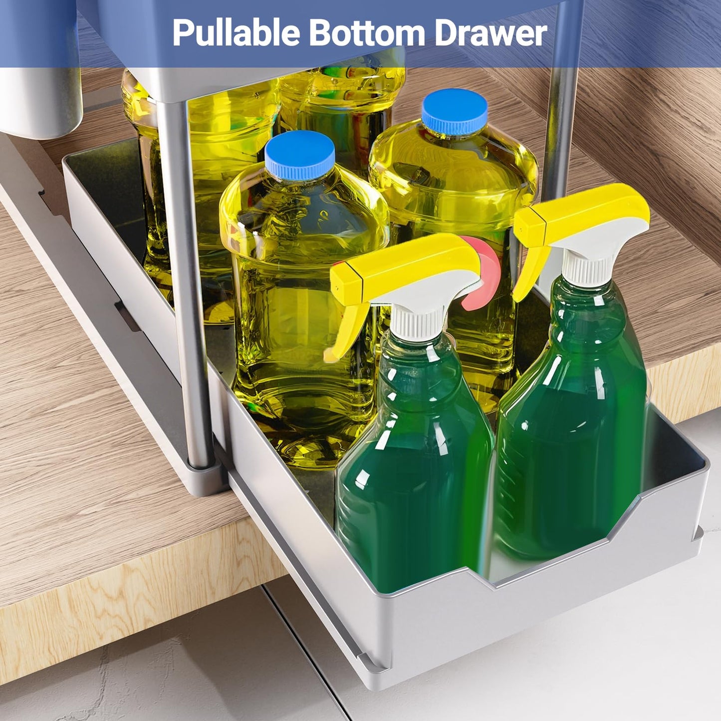 Puricon Under Sink Shelf, 2 Tier Standing Rack Kitchen Countertop Organizer, Multifunctional Kitchen Shelf Spice Rack Under Cabinet Shelf Sink Cabinet Rack - Grey