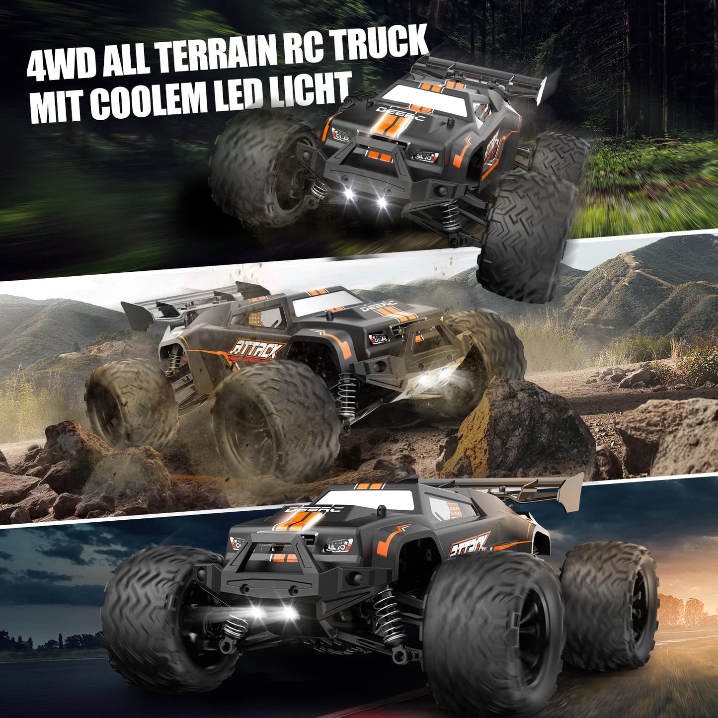 DEERC 1:14 Scale Remote Control Car, 4WD RC Car 40km/h with LED lights, 2 batteries for 40 minutes of runtime, 2.4GHz remote control racing toy for adults and kids (9000E).