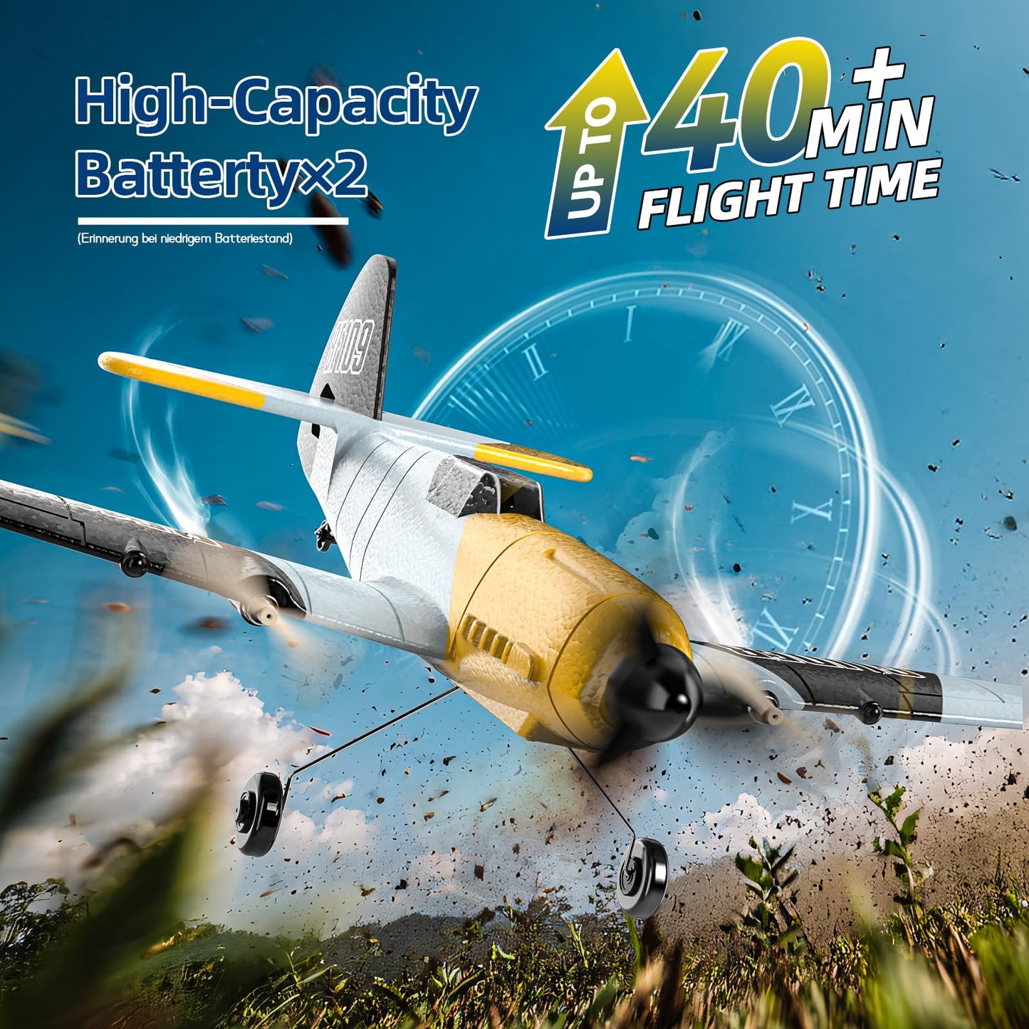 DEERC RC Airplane Messerschmitt Bf 109, 2.4GHz remote control airplane with 6-axis gyro stabilizer, 3-channel RTF RC glider toy for beginners, kids, adults.