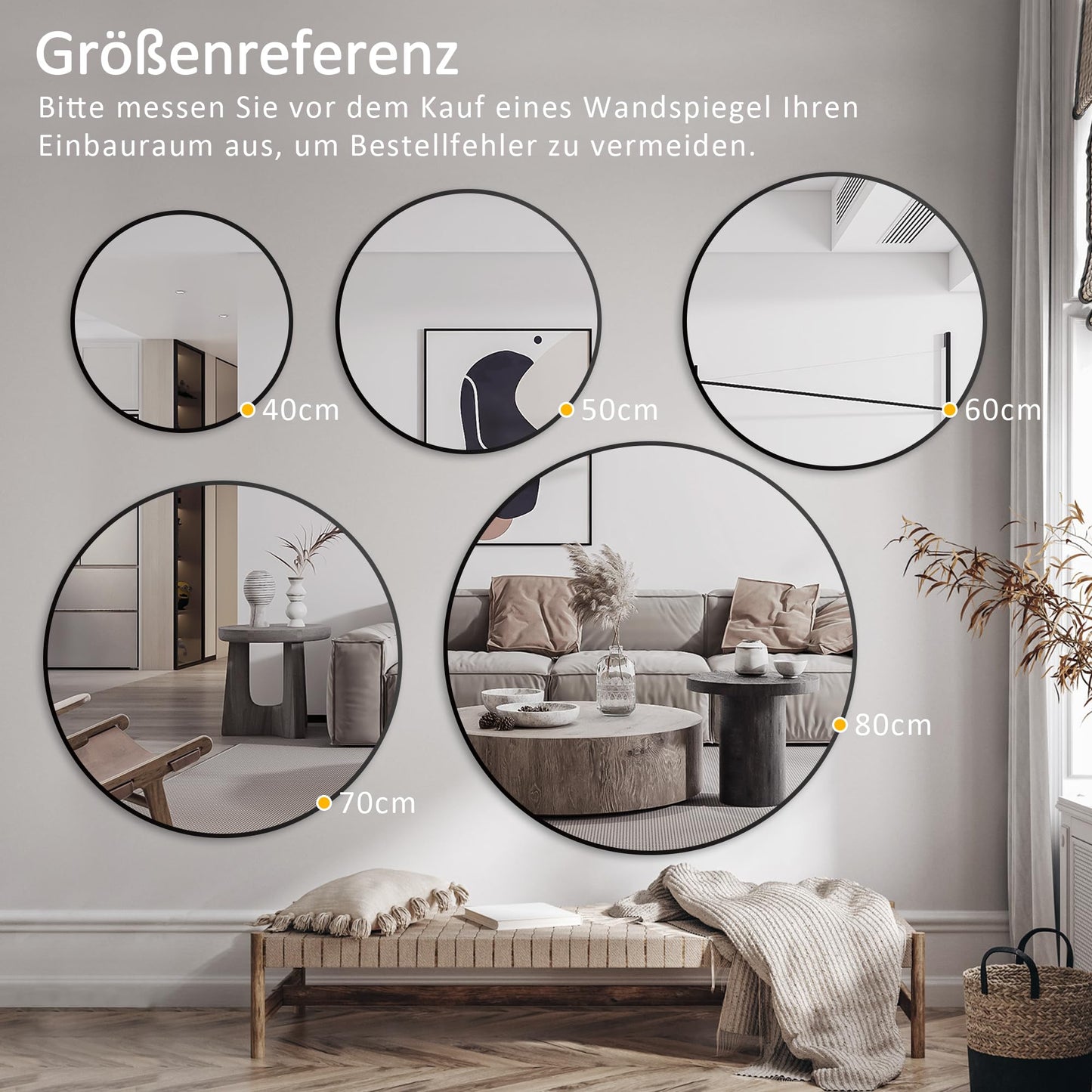 Goeze's Round Mirror Black 60cm Round Bathroom Mirror Black Metal Frame Mirror Decorative Bathroom Wall Mirror for Bathroom, Living Room, Guest WC